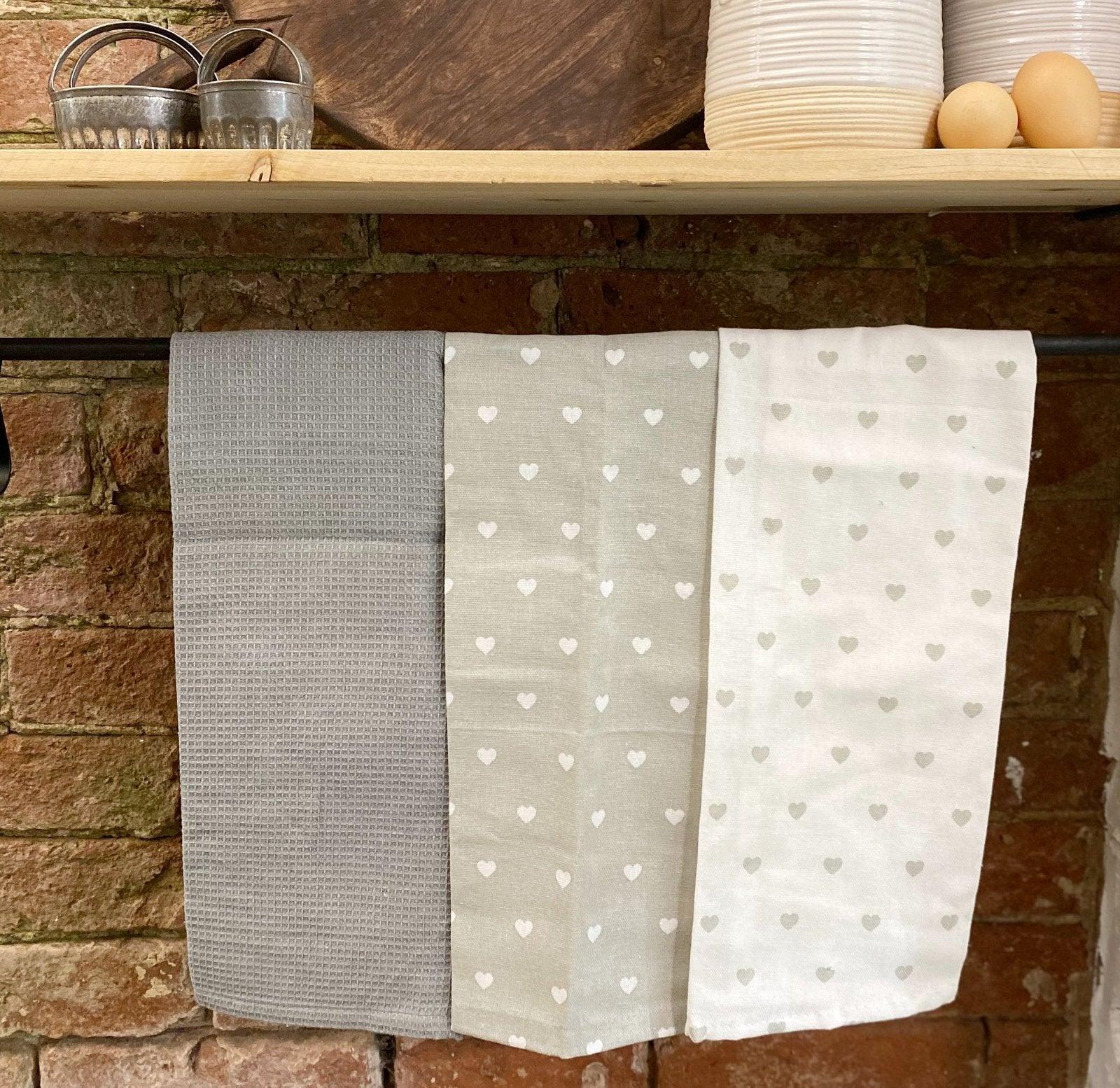 View Pack of 3 Kitchen Tea Towels With A Grey Heart Print Design information
