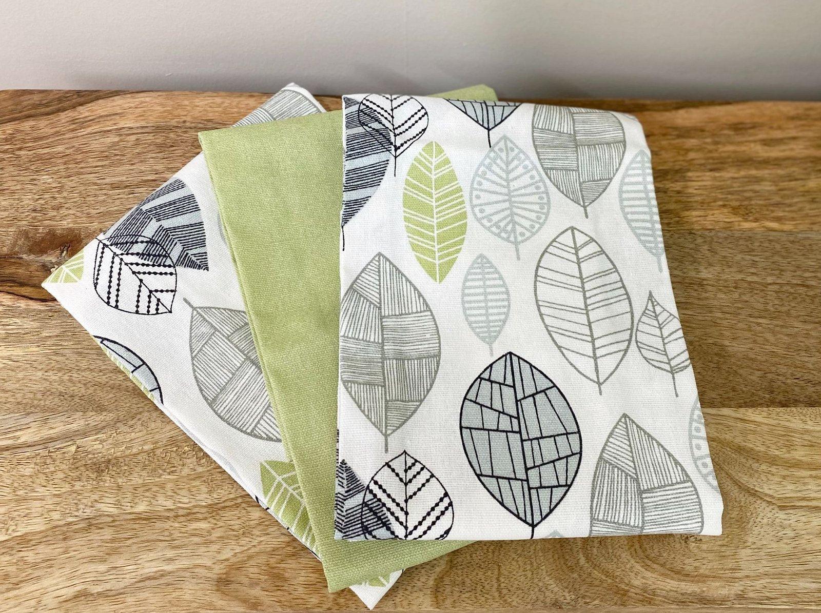 View Pack of 3 Kitchen Tea Towels With Contemporary Green Leaf Print Design information