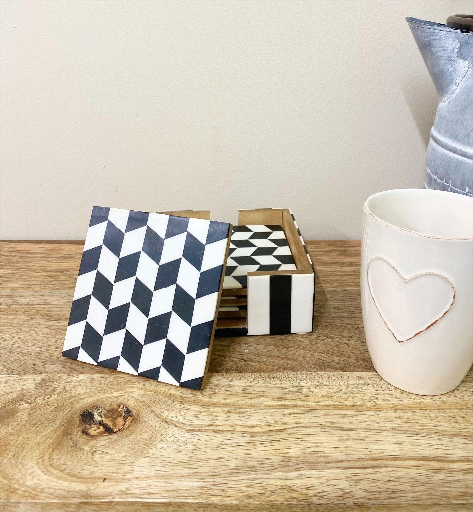 View Pack of 4 Black White Herringbone Wooden Coasters information