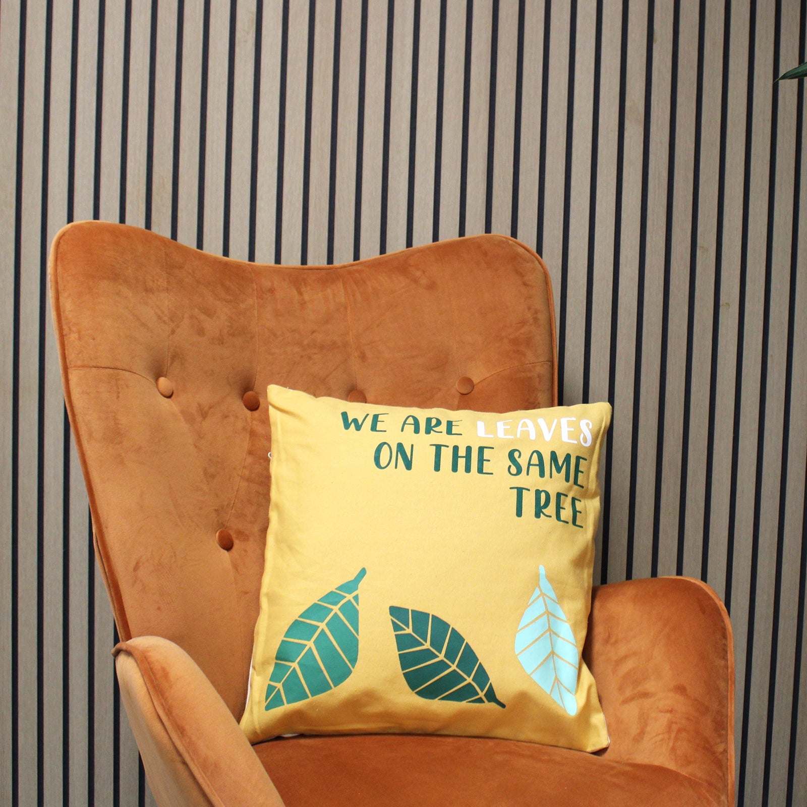 View Printed Cotton Cushion Cover We are Leaves Yellow Blue and Natural information
