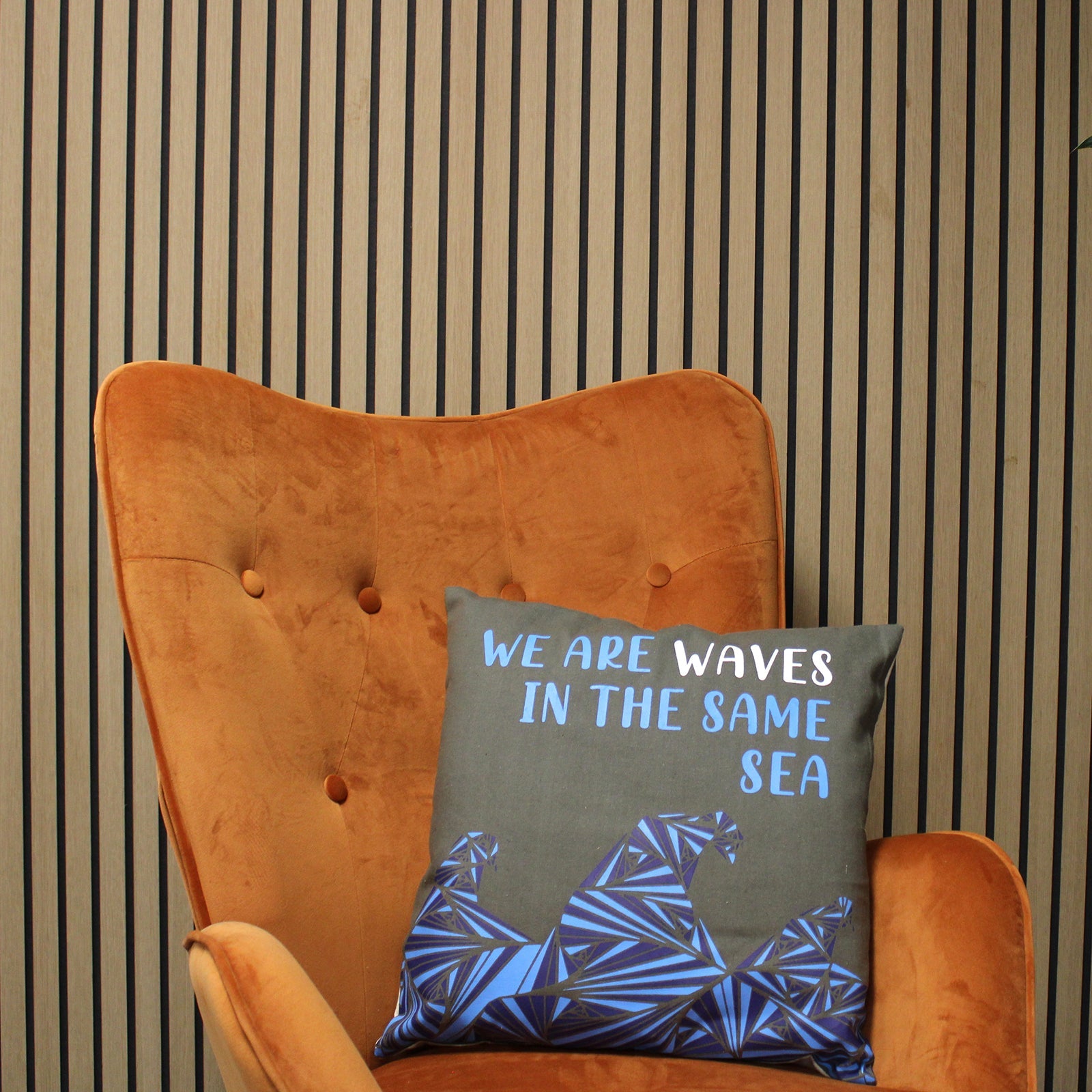 View Printed Cotton Cushion Cover We are Waves Grey Blue and Natural information
