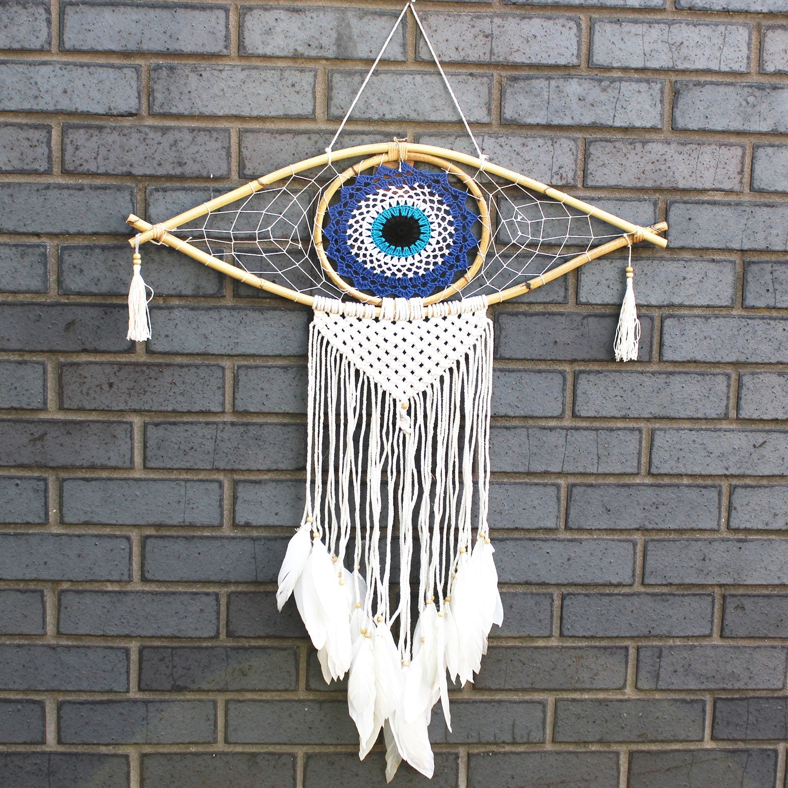 View Protection Dream Catcher Lrg Macrame Evil Eye BlueWhiteBlack information