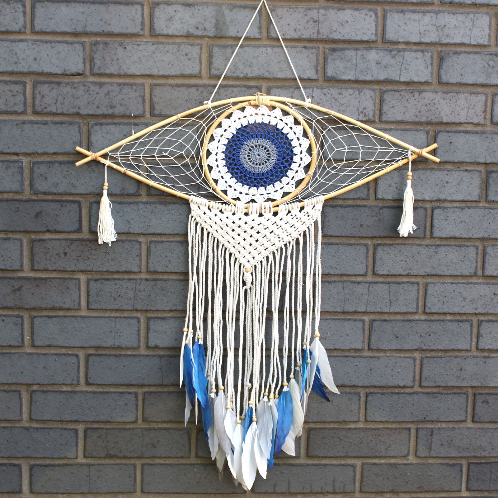 View Protection Dream Catcher Lrg Macrame Evil Eye White BlueGrey information