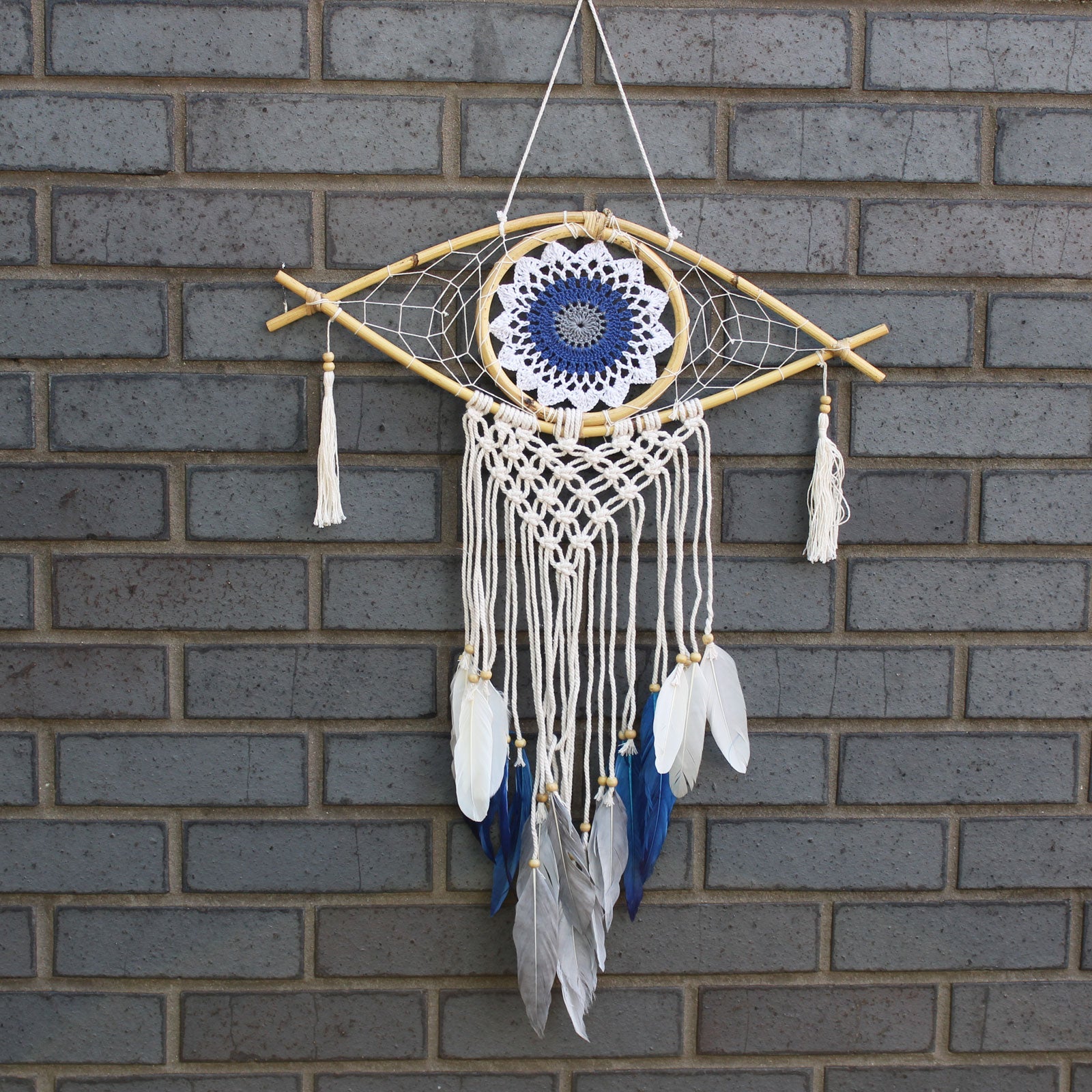 View Protection Dream Catcher Med Macrame Evil Eye White BlueGrey information