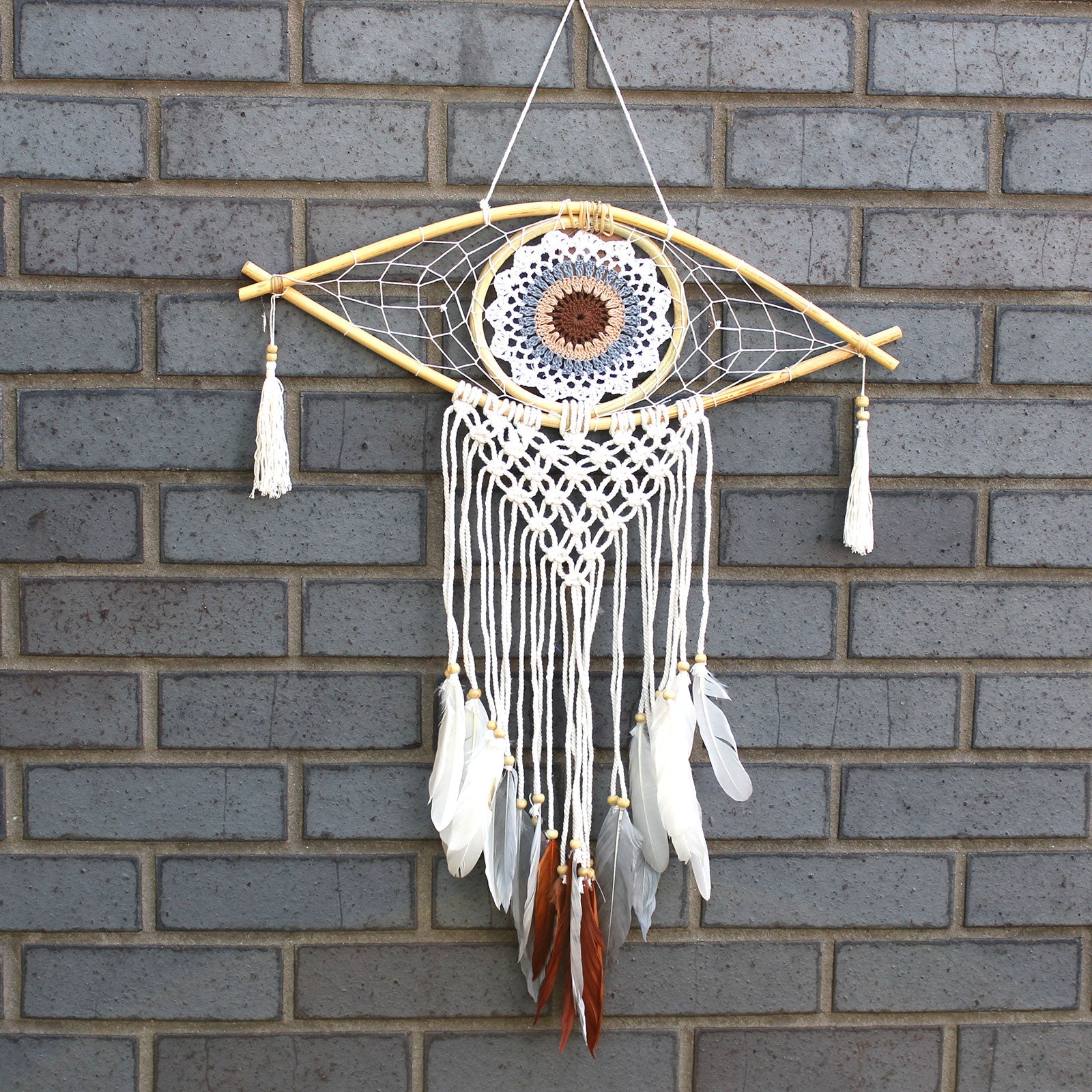 View Protection Dream Catcher Med Macrame Evil Eye White GreyBrown information