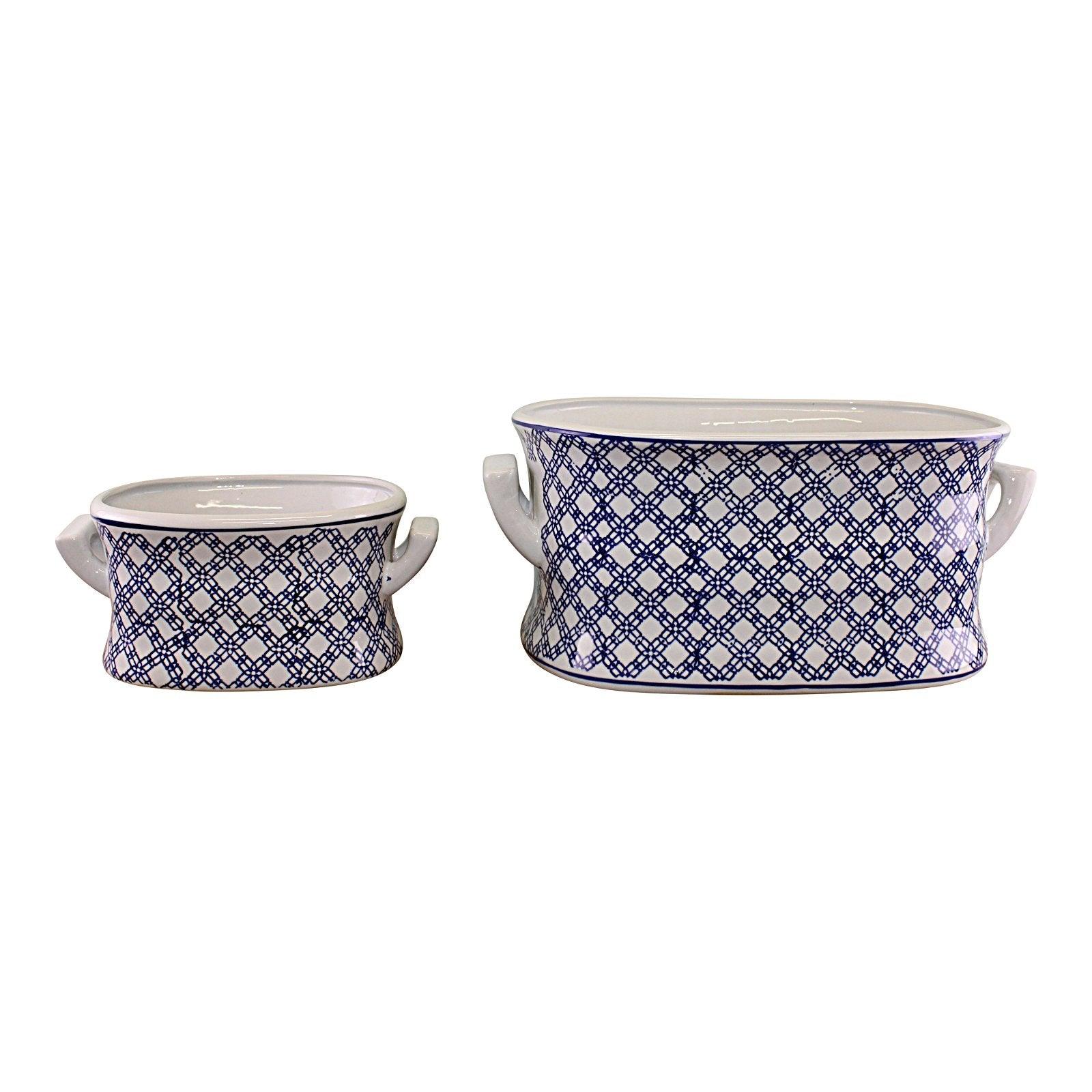 View Set of 2 Ceramic Footbath Planters Vintage Blue White Geometric Design information