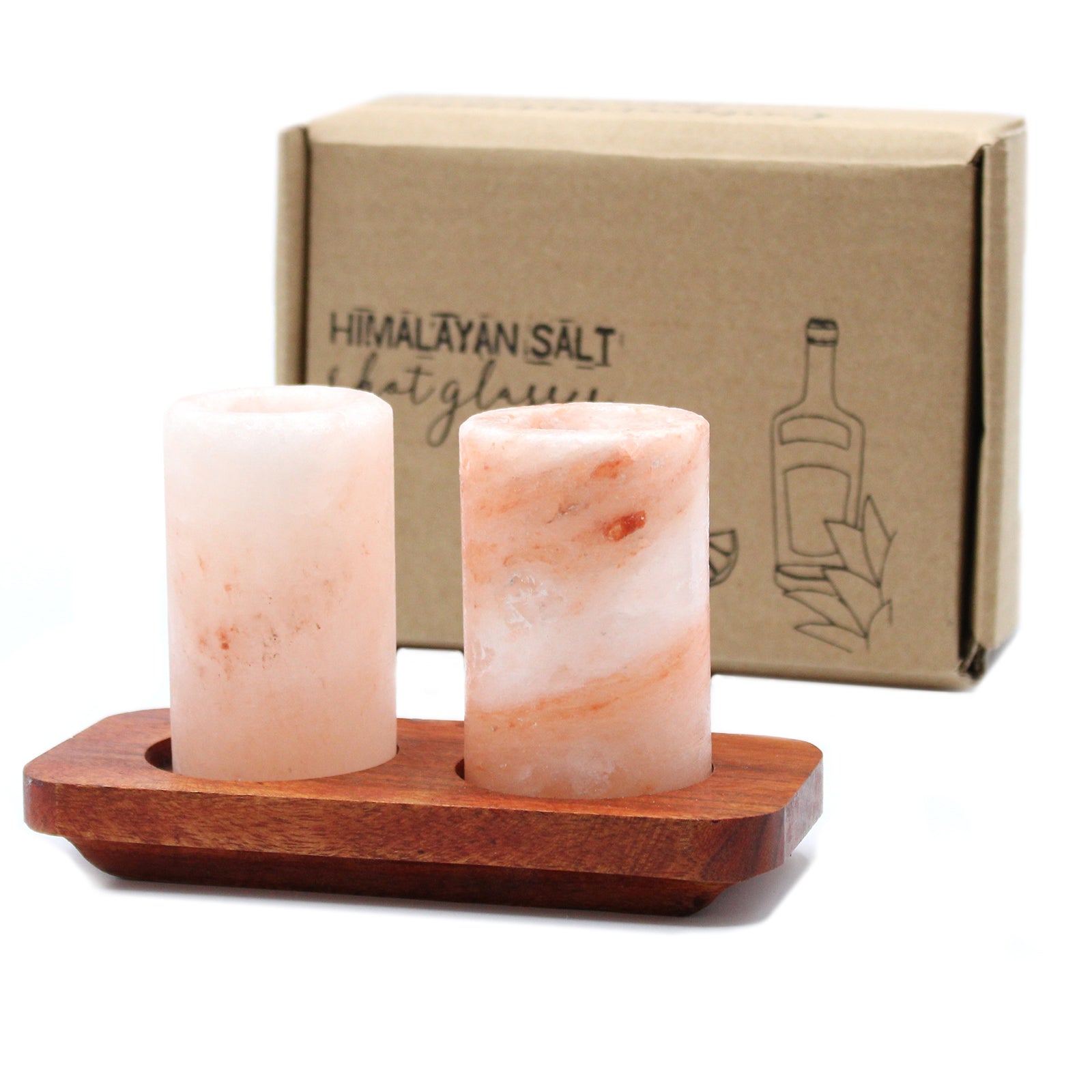 View Set of 2 Himalayan Salt Shot Glasses Wood Serving Stand information