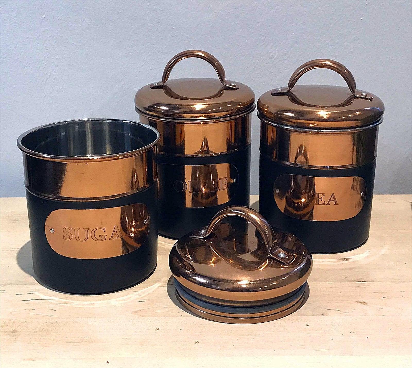 View Set of 3 Black Copper Tea Sugar Coffee Tins information