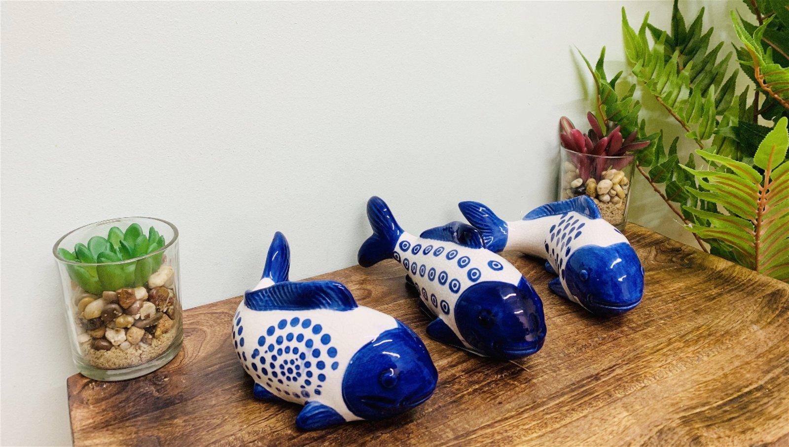 View Set of 3 Blue Koi Fish Ceramic Ornaments Willow Design information