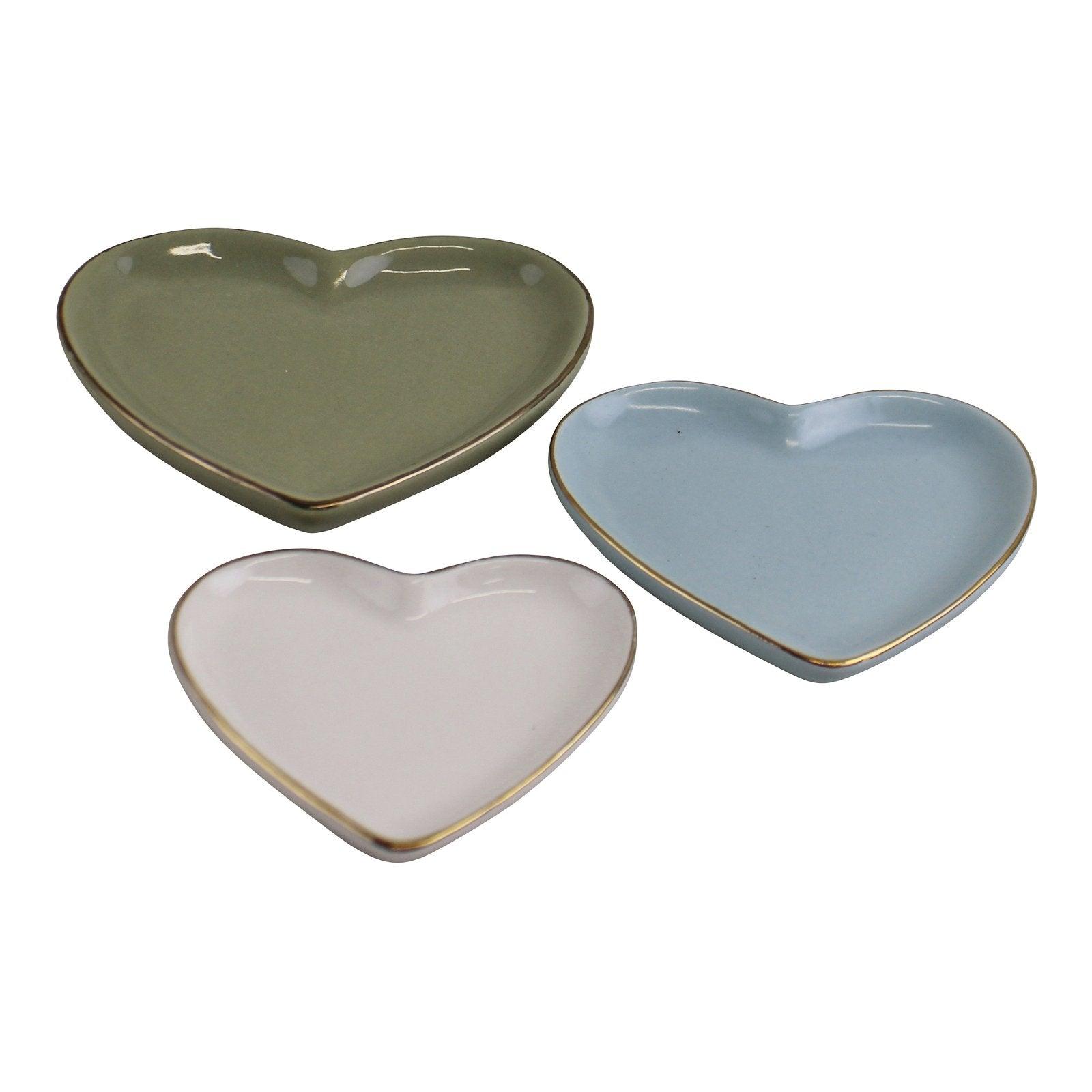 View Set Of 3 Heart Shaped Ceramic Trinket Plates With A Gold Edge information