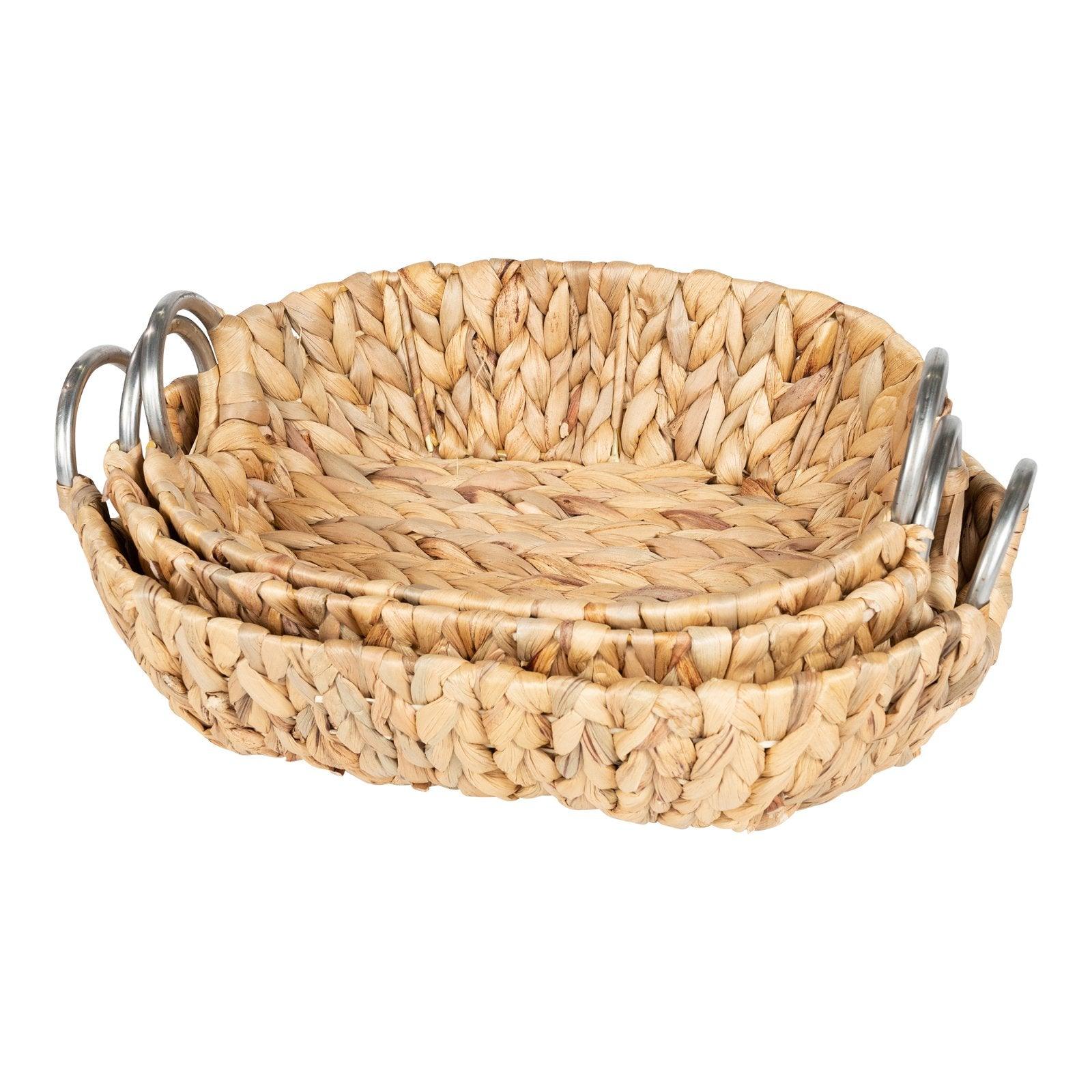 View Set of 3 Oval Raffia Natural Baskets With Metal Handles information