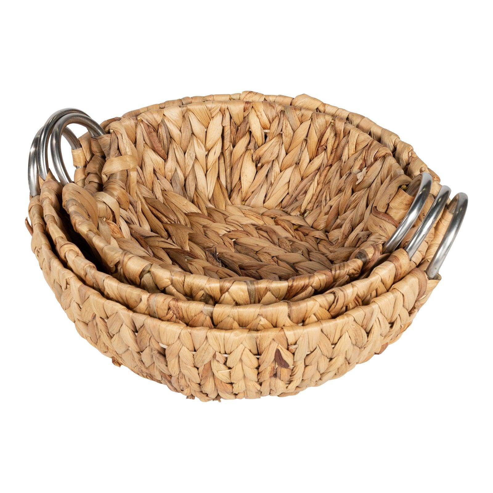View Set of 3 Round Raffia Natural Baskets With Metal Handles information