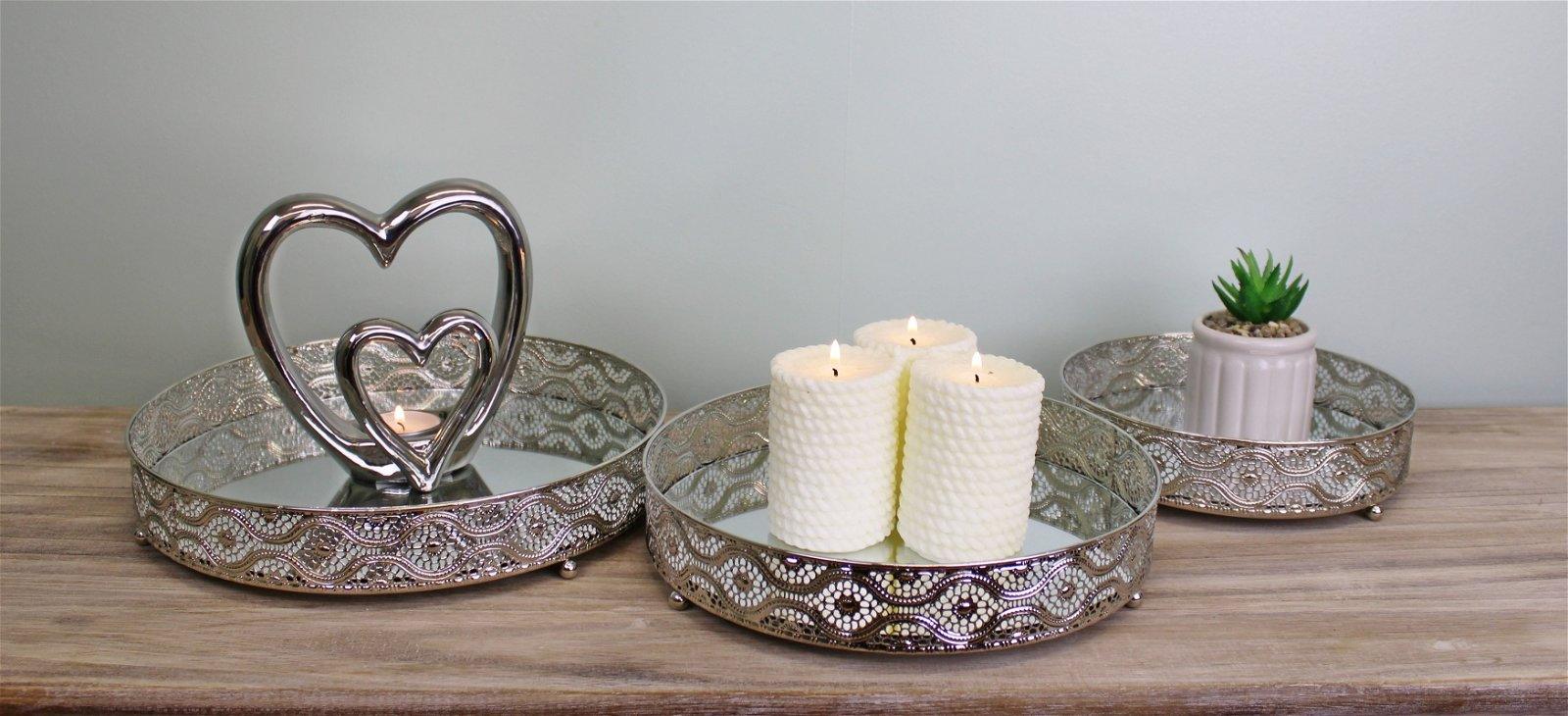 View Set Of 3 Silver Metal and Mirrored Candle Plates information