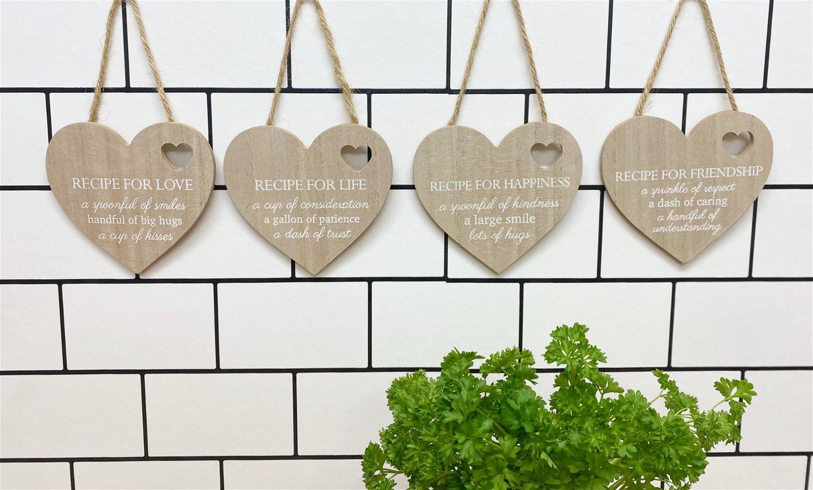 View Set of 4 Wood Hanging White Etched Life Recipe Heart Plaque information