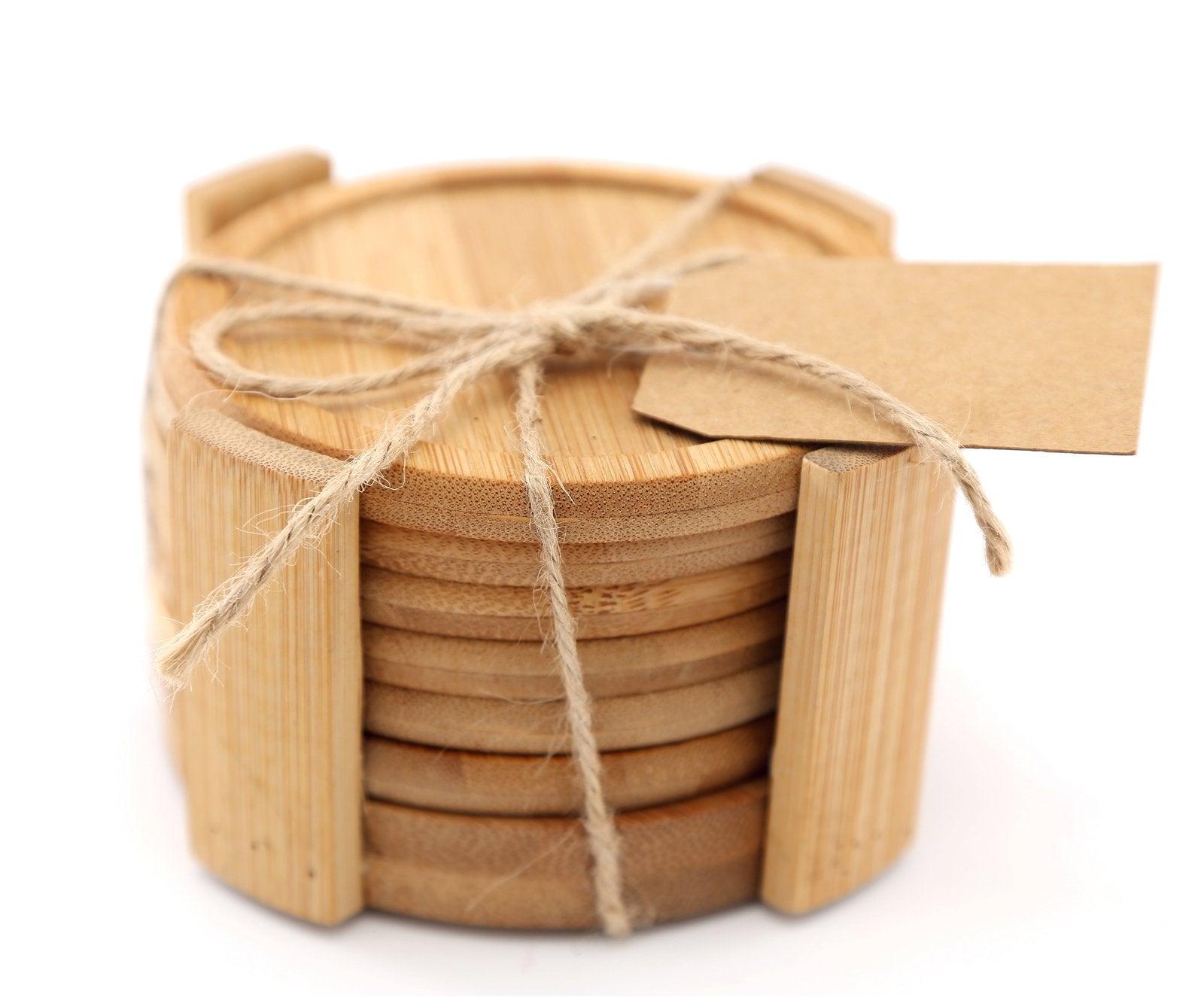 View Set Of 6 Round Bamboo Coasters With Holder 12cm information