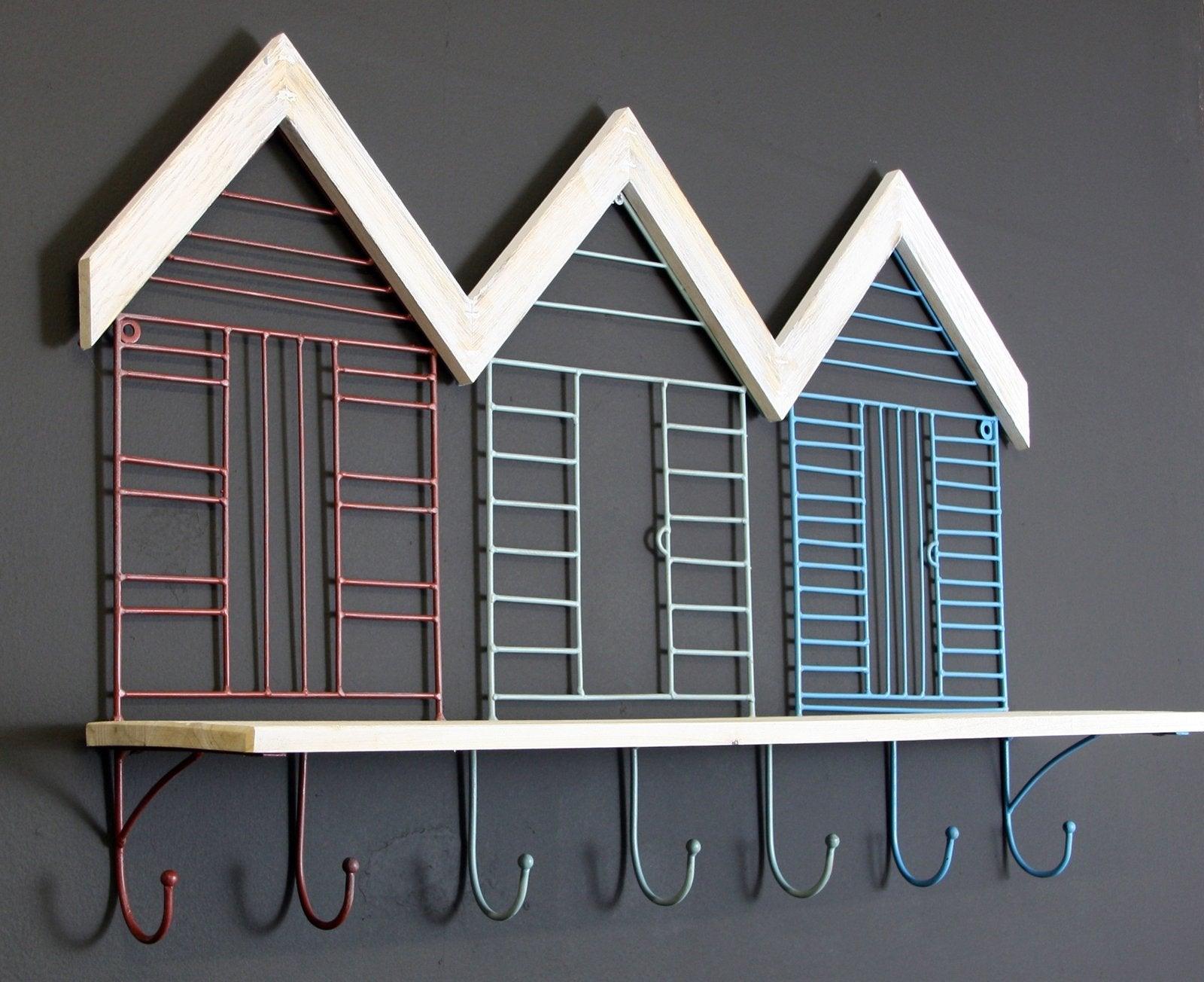 View Set Of 7 Beach Hut Wall Hooks With Shelf information