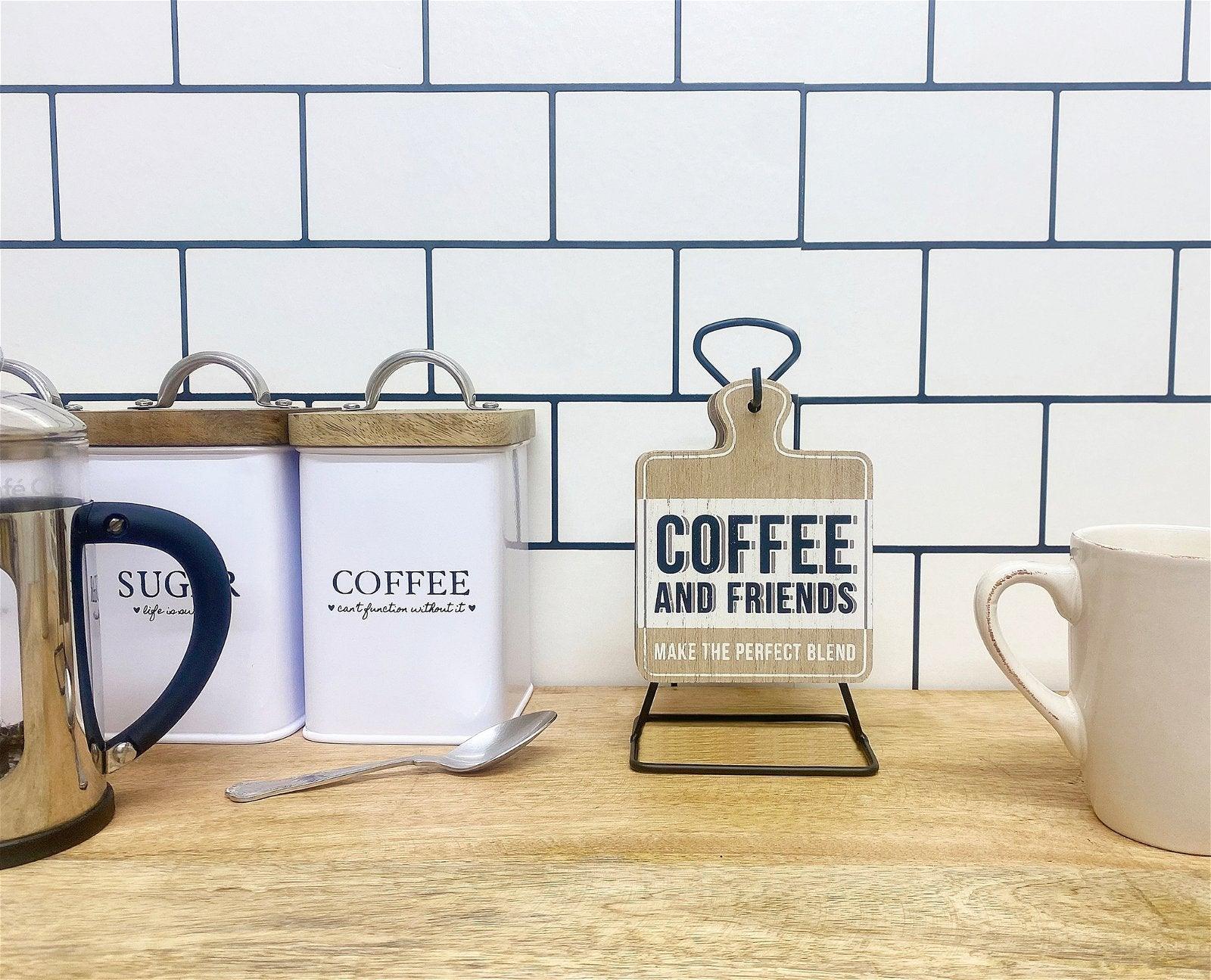 View Set of Six Coffee Slogan Coasters On Metal Stand information