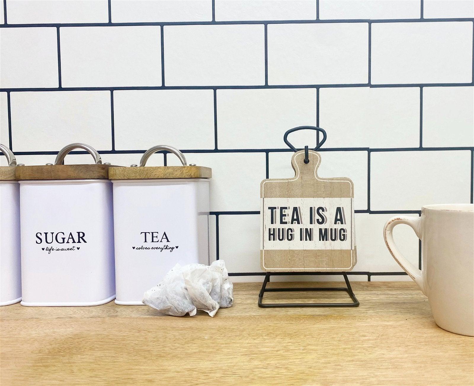 View Set of Six Tea Slogan Coasters On Metal Stand information