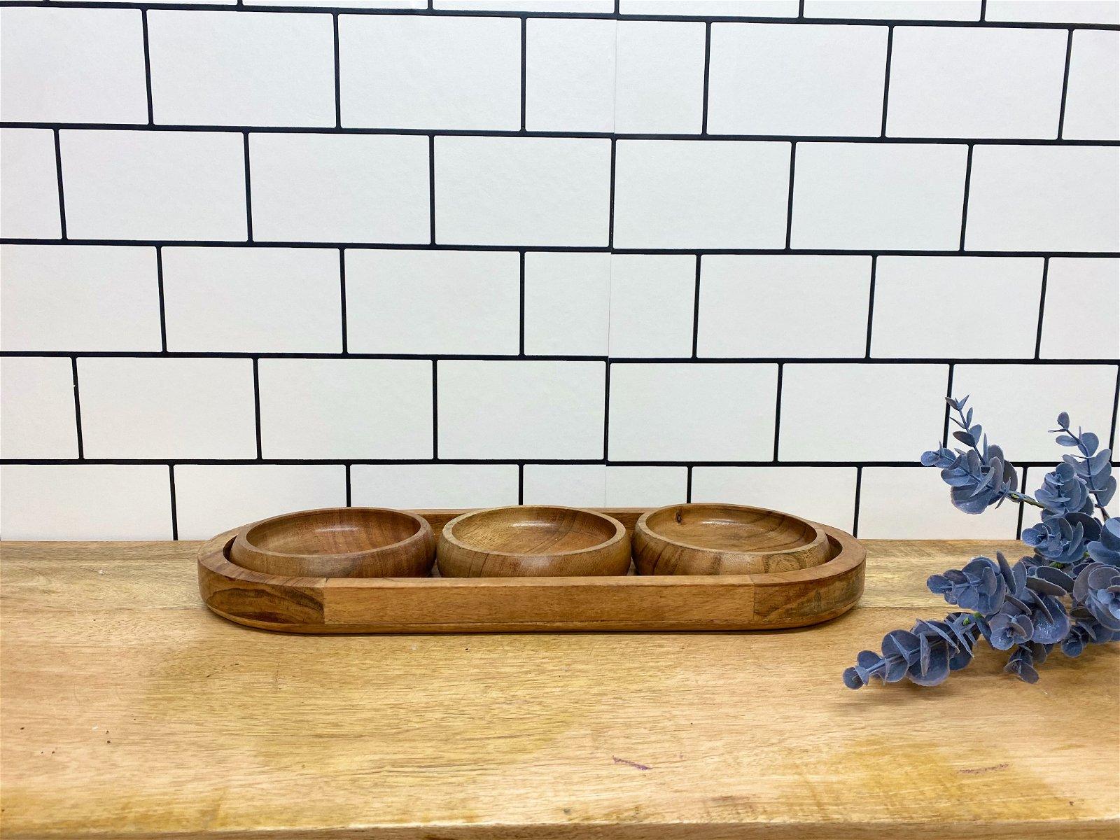 View Set Of Three Bowls On Wooden Tray information