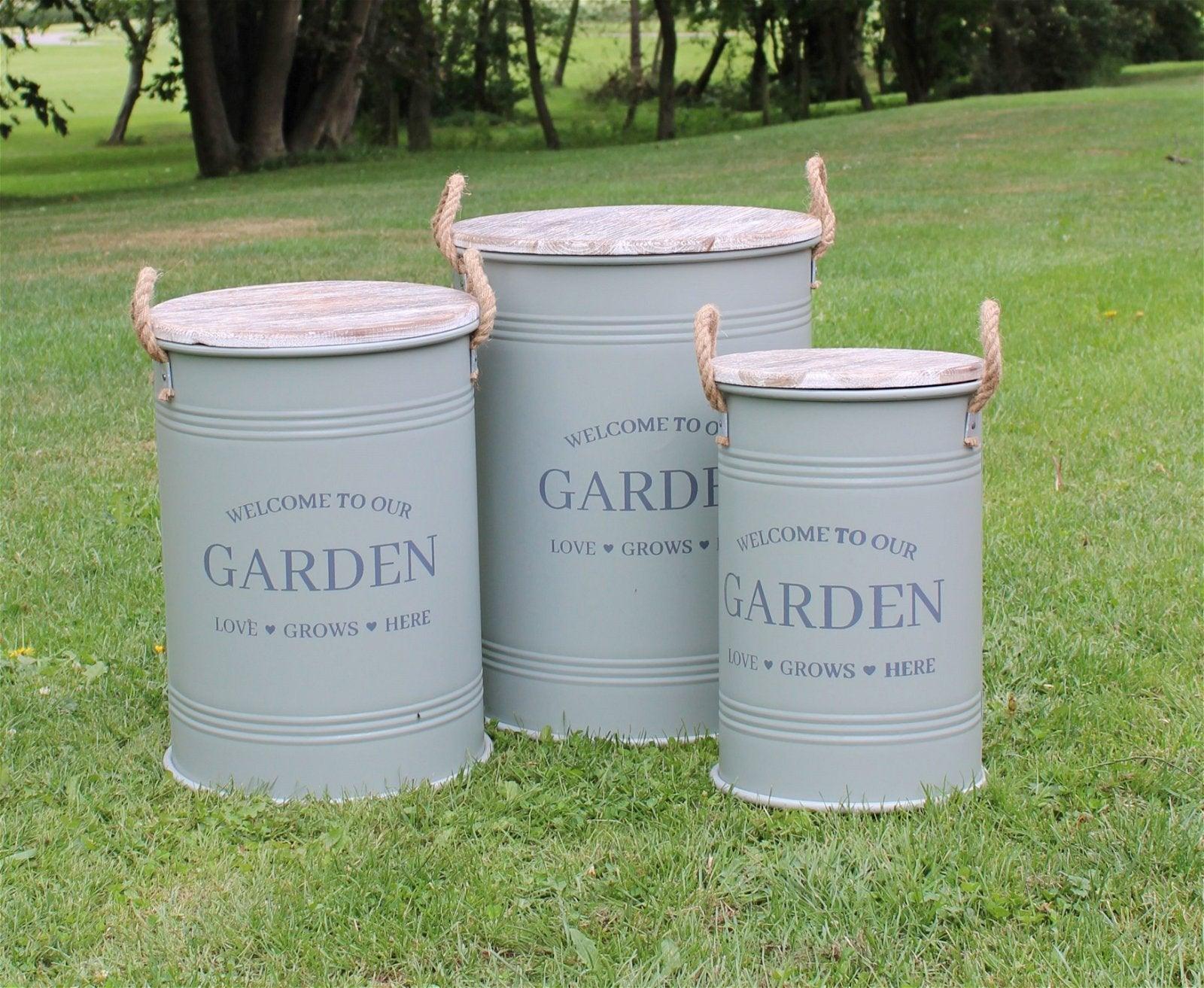 View Set of Three Potting Shed Green Round Storage Tins information