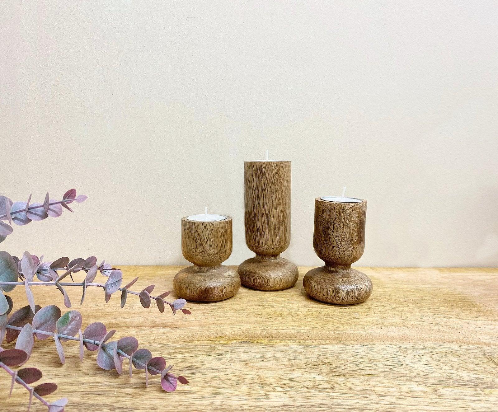 View Set of Three Wooden Candlestick or Tea Light Holders information