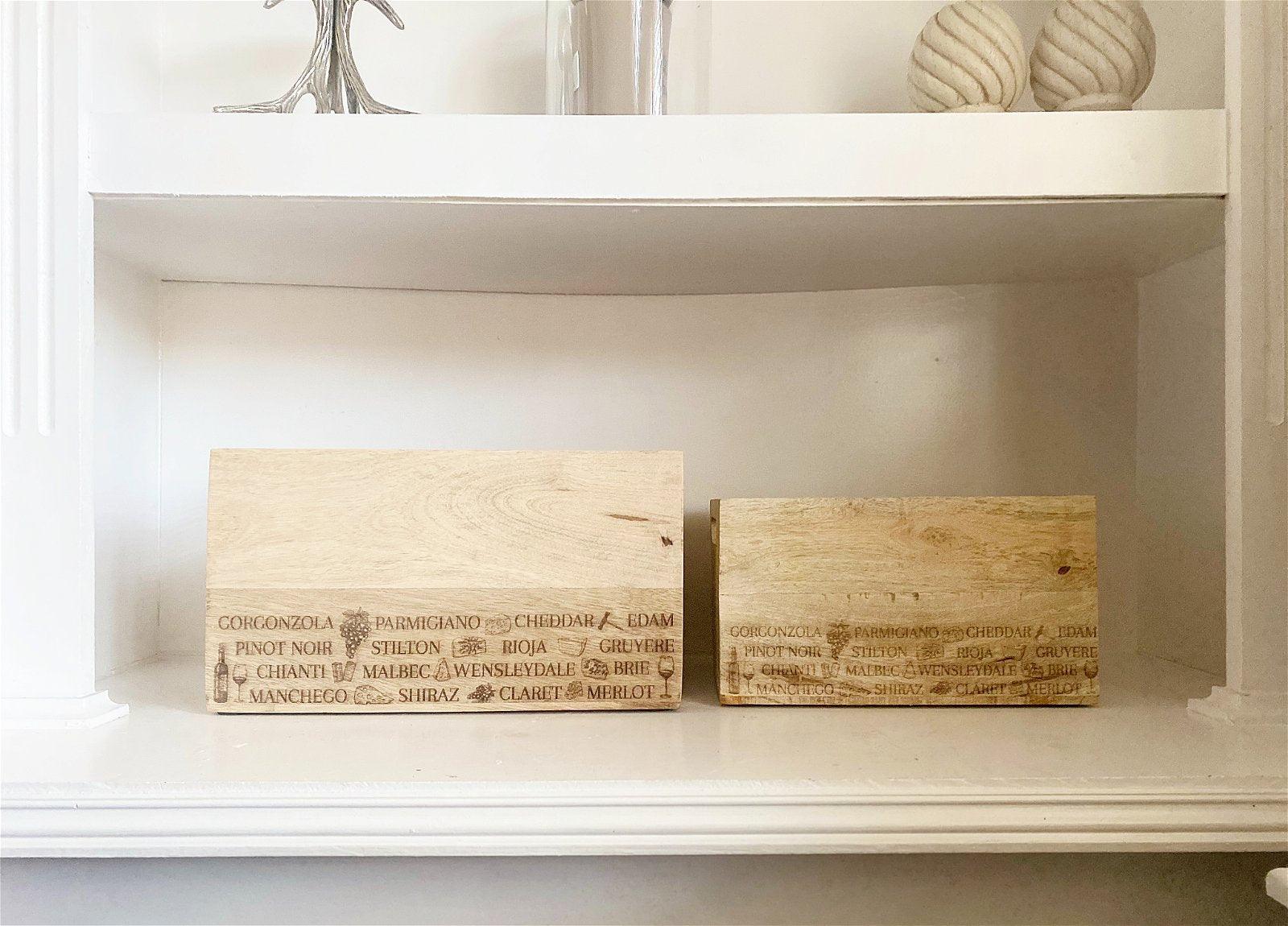 View Set Of Two Engraved Cheese Wine Word Crates information