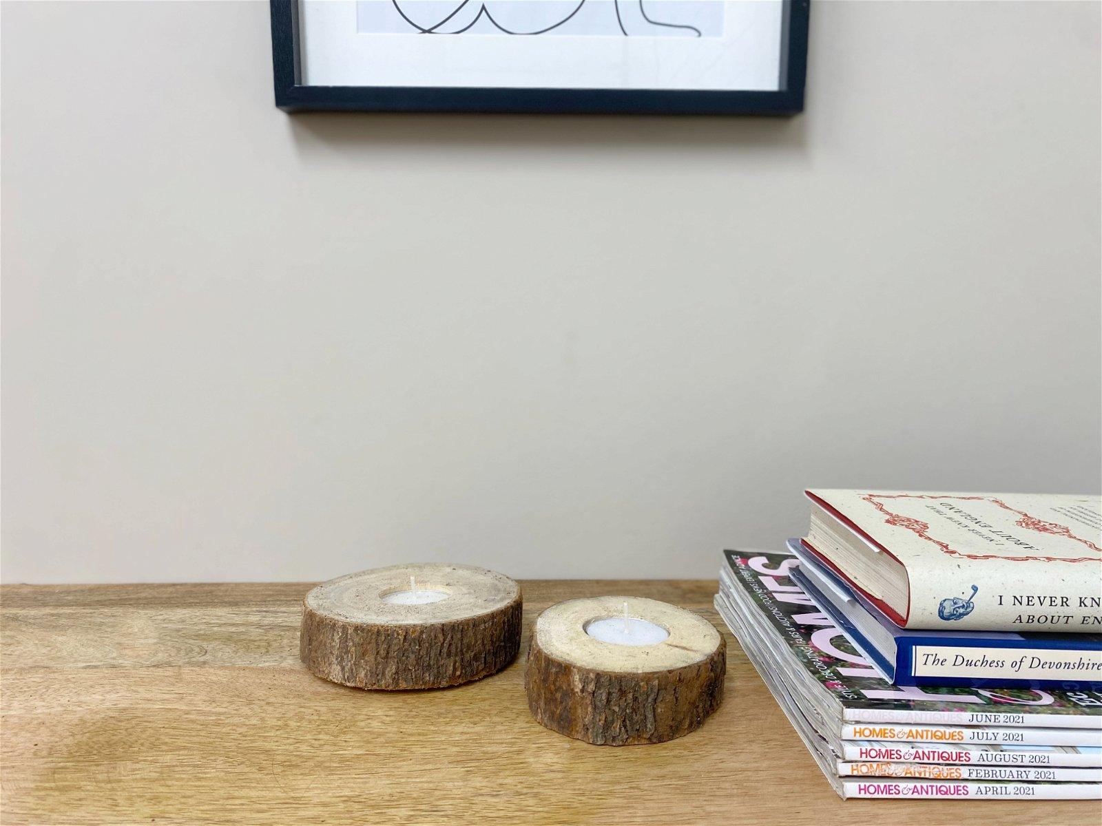 View Set of Two Wooden Tealight Holders with Bark Detail information