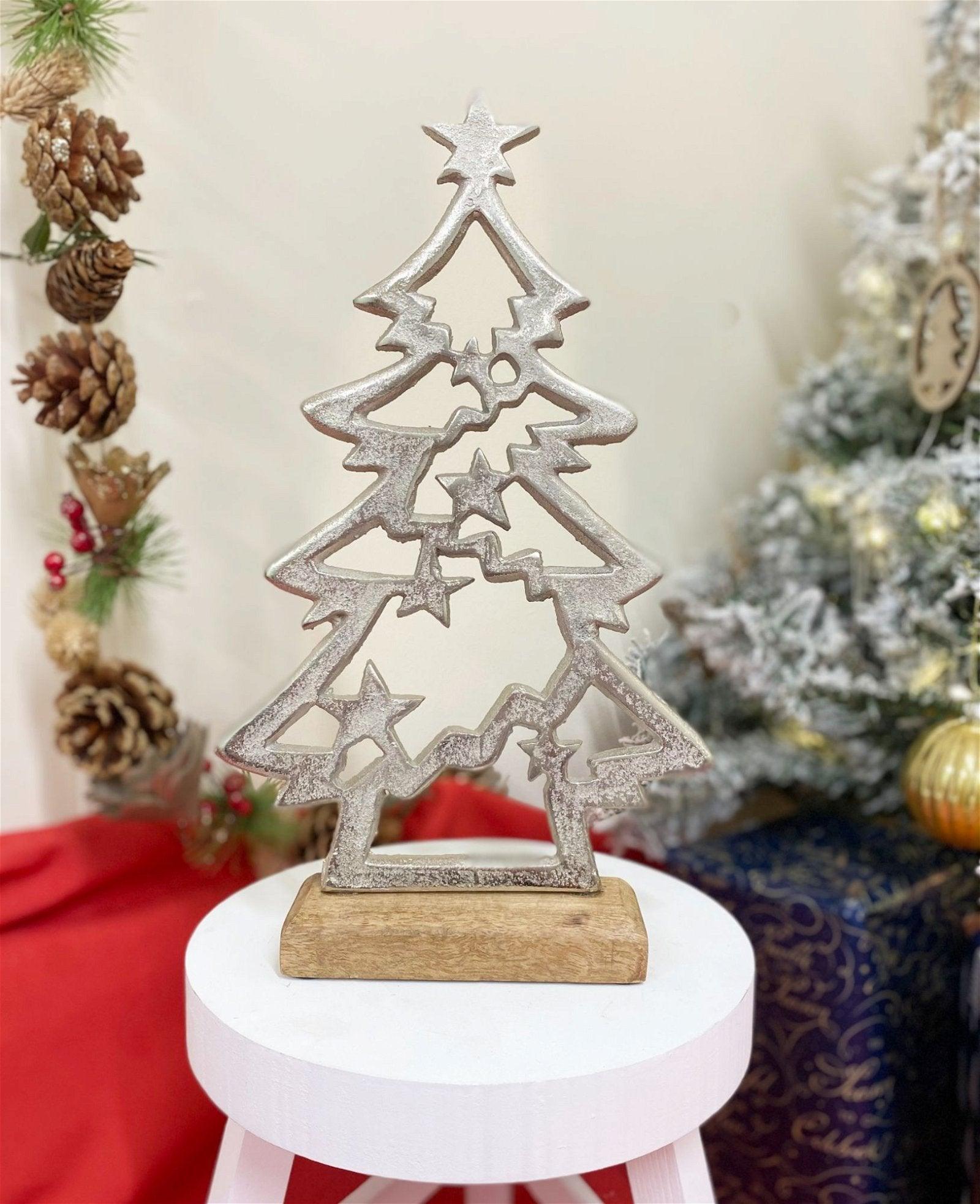 View Silver Christmas Tree Stars On Wooden Base information