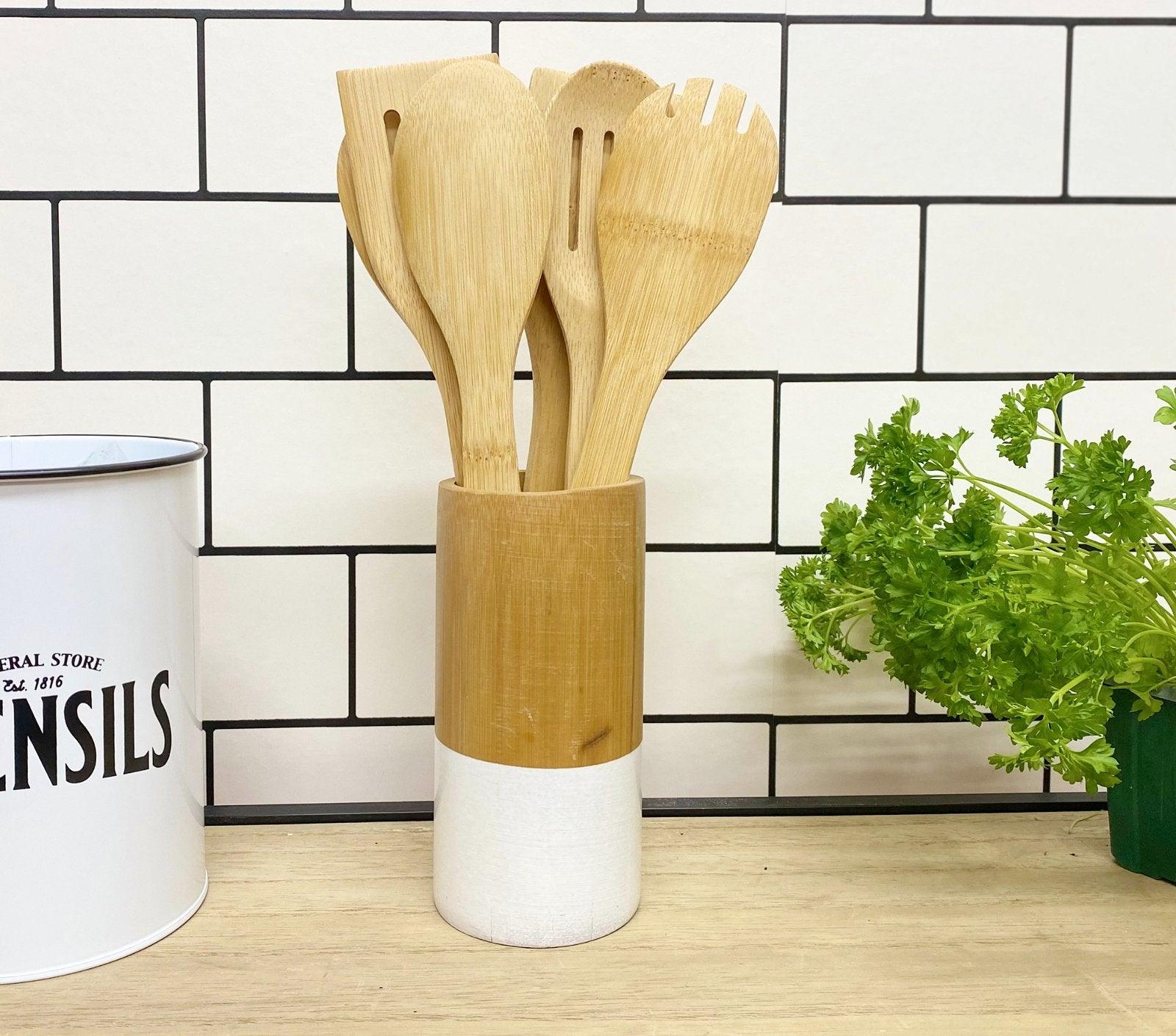 View Six Piece Wooden Utensils with Round Holder information