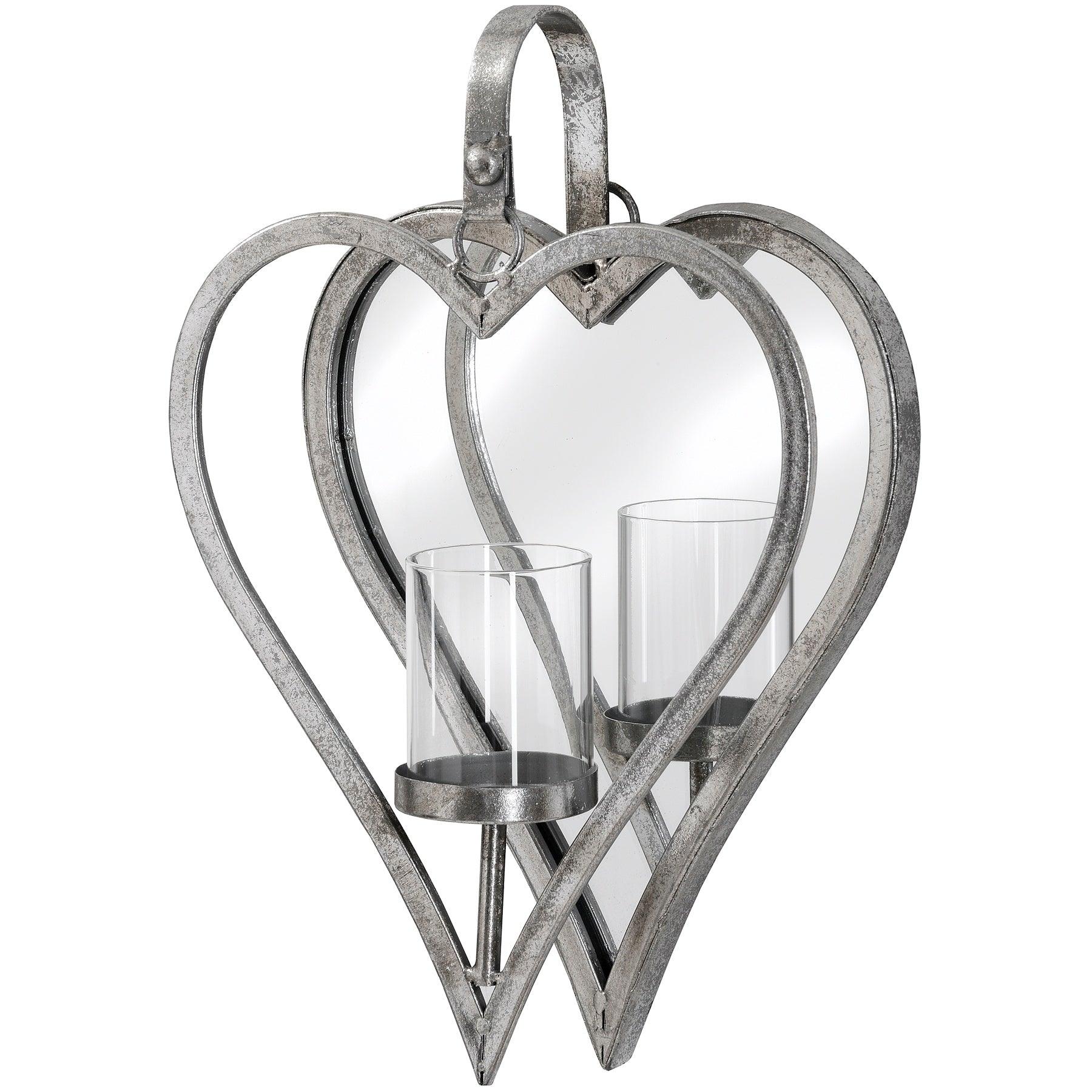 View Small Antique Silver Mirrored Heart Candle Holder information