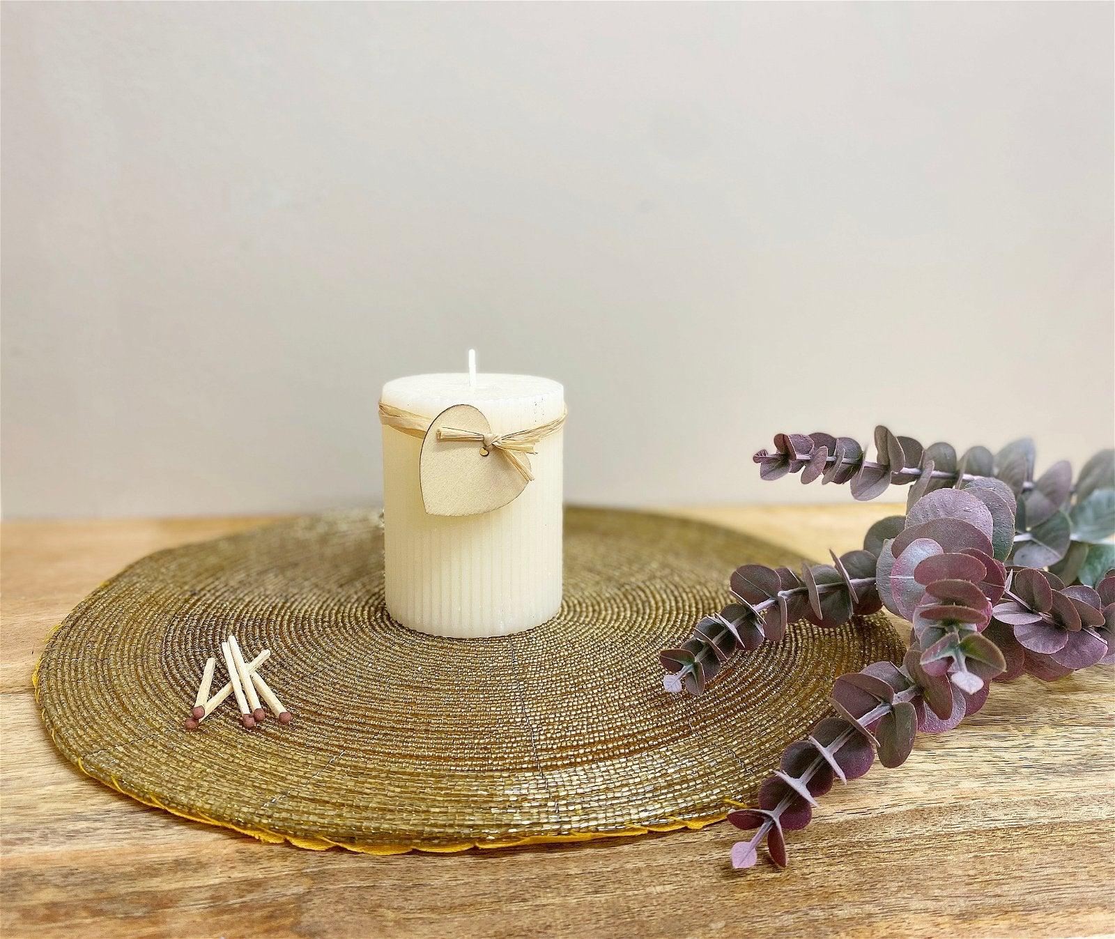 View Small Cream Ridged Pillar Candle with Heart Decoration information