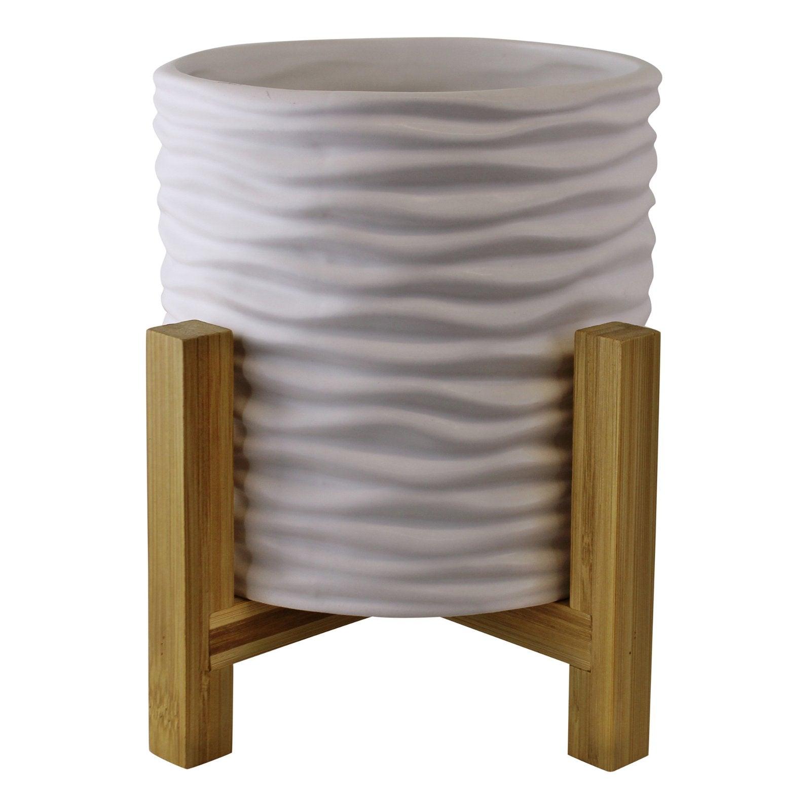 View Small White Stoneware Planter On Wooden Stand information