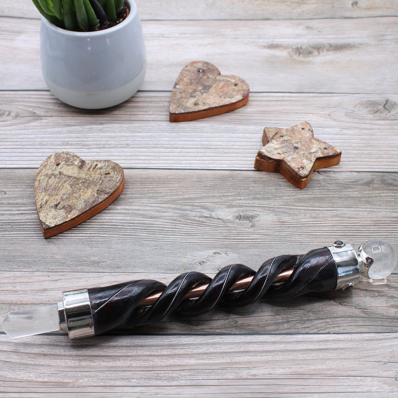 View Spiral Carving Healing Wand Copper Pipe Rock Quartz information