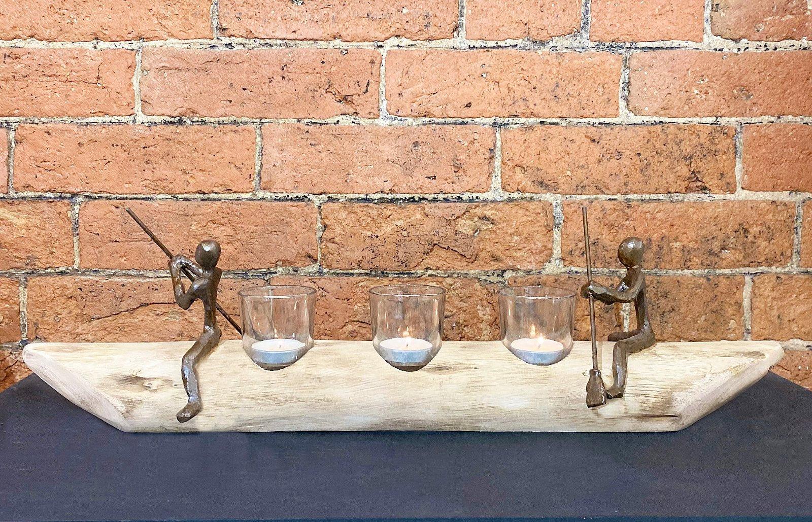 View Three Tea Light Holder With Bronze Men Rowing information