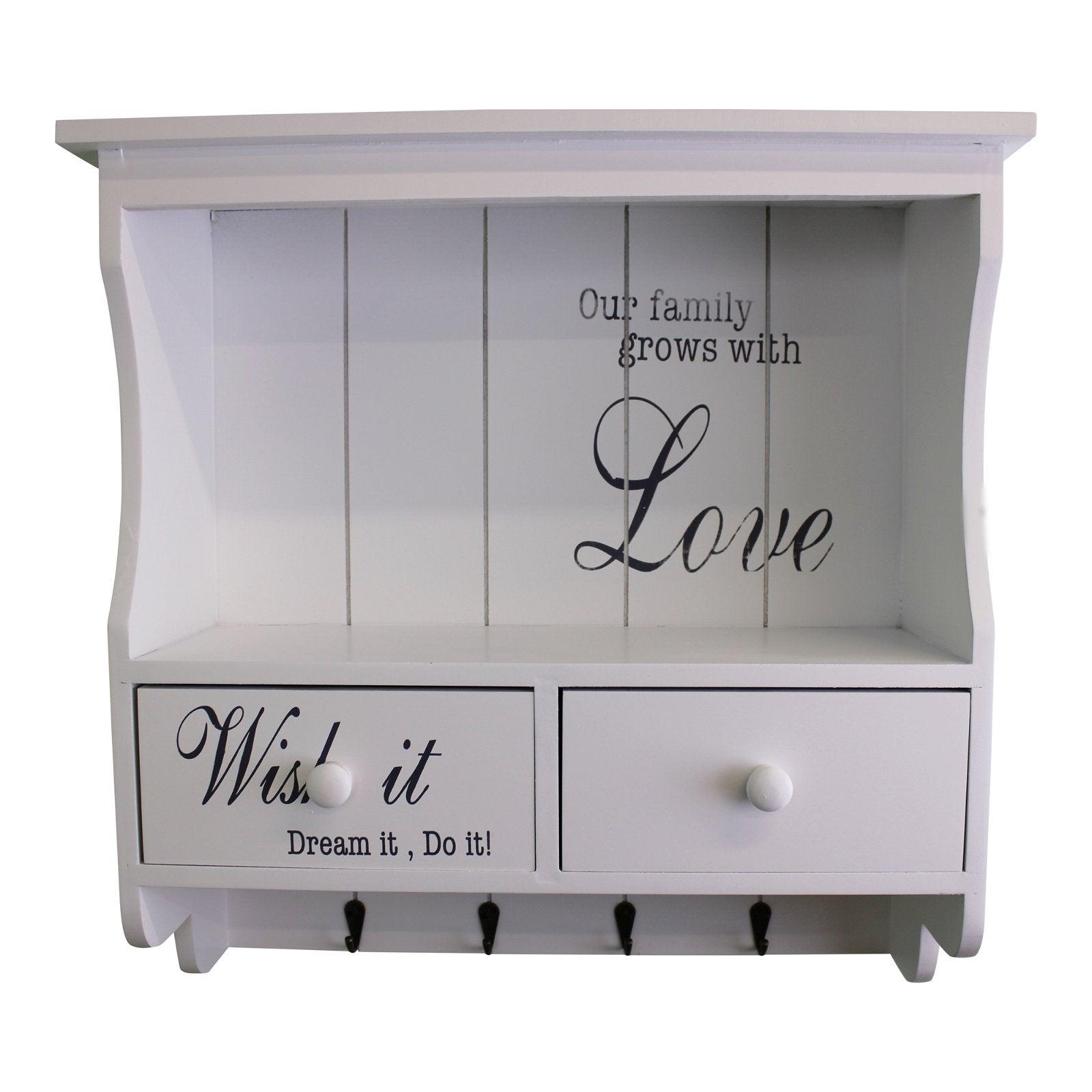 View Wall Unit in White with Hooks Drawers Shelf information