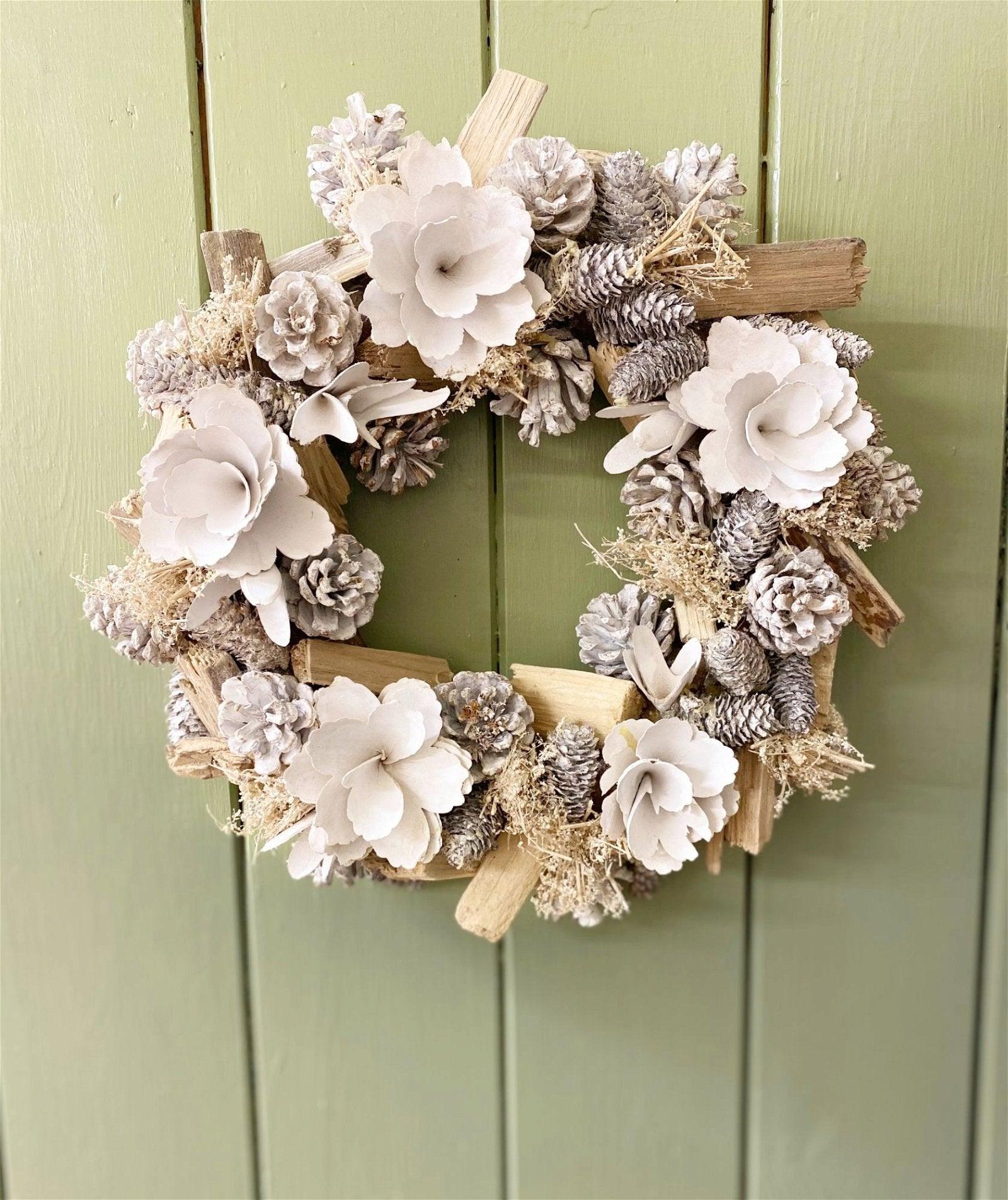 View White Flowers Pinecone Frosted Wreath information