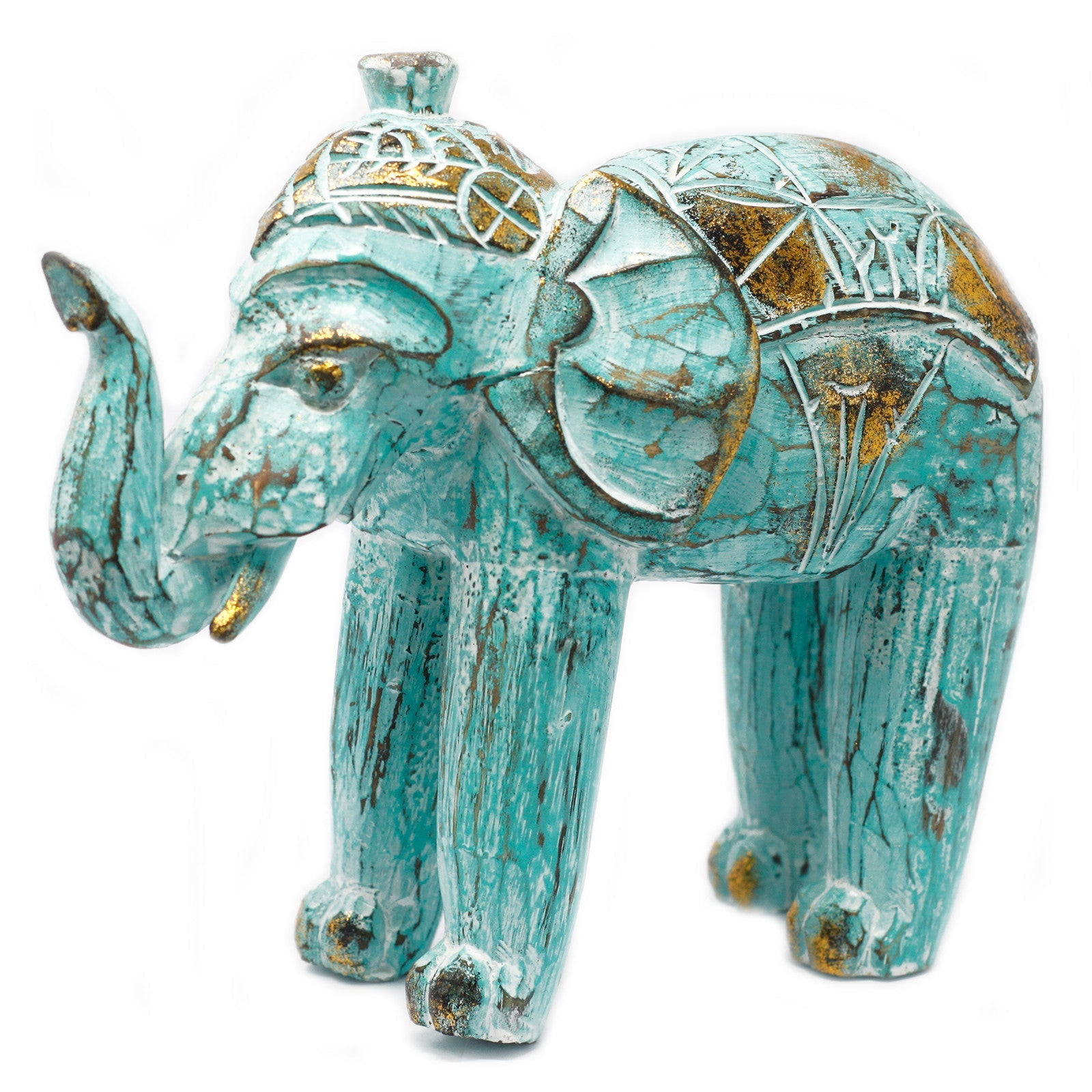 View Wood Carved Elephant Turquois Gold information