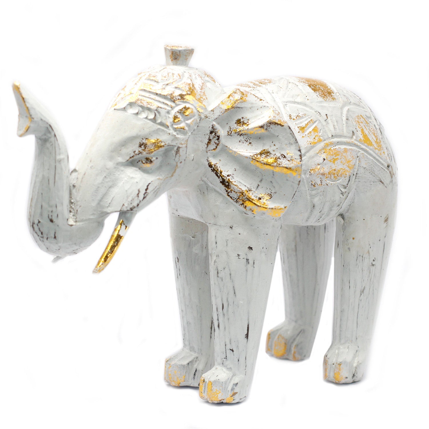 View Wood Carved Elephant White Gold information