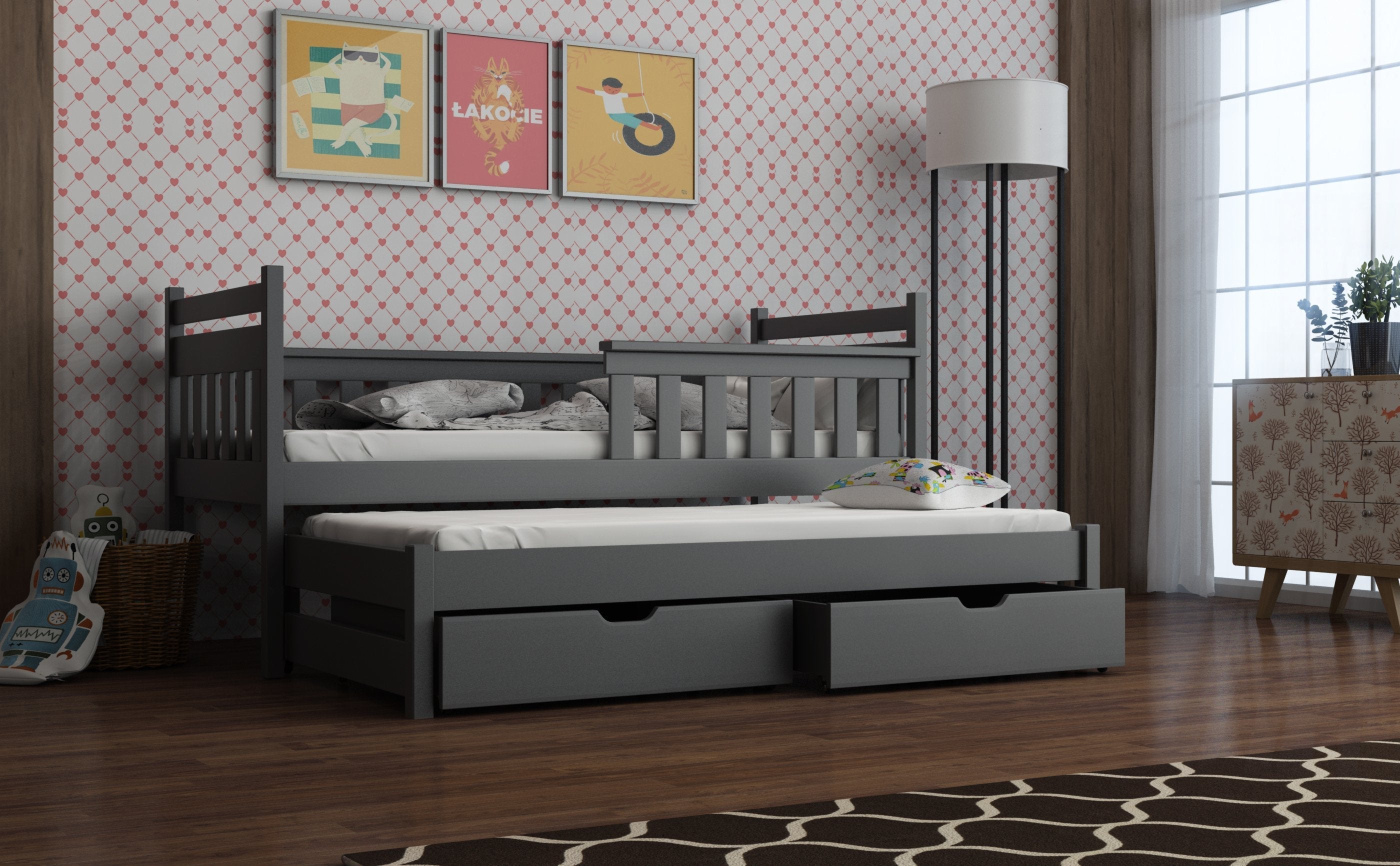 View Wooden Bed Dominik with Trundle and Storage Graphite Without Mattresses information