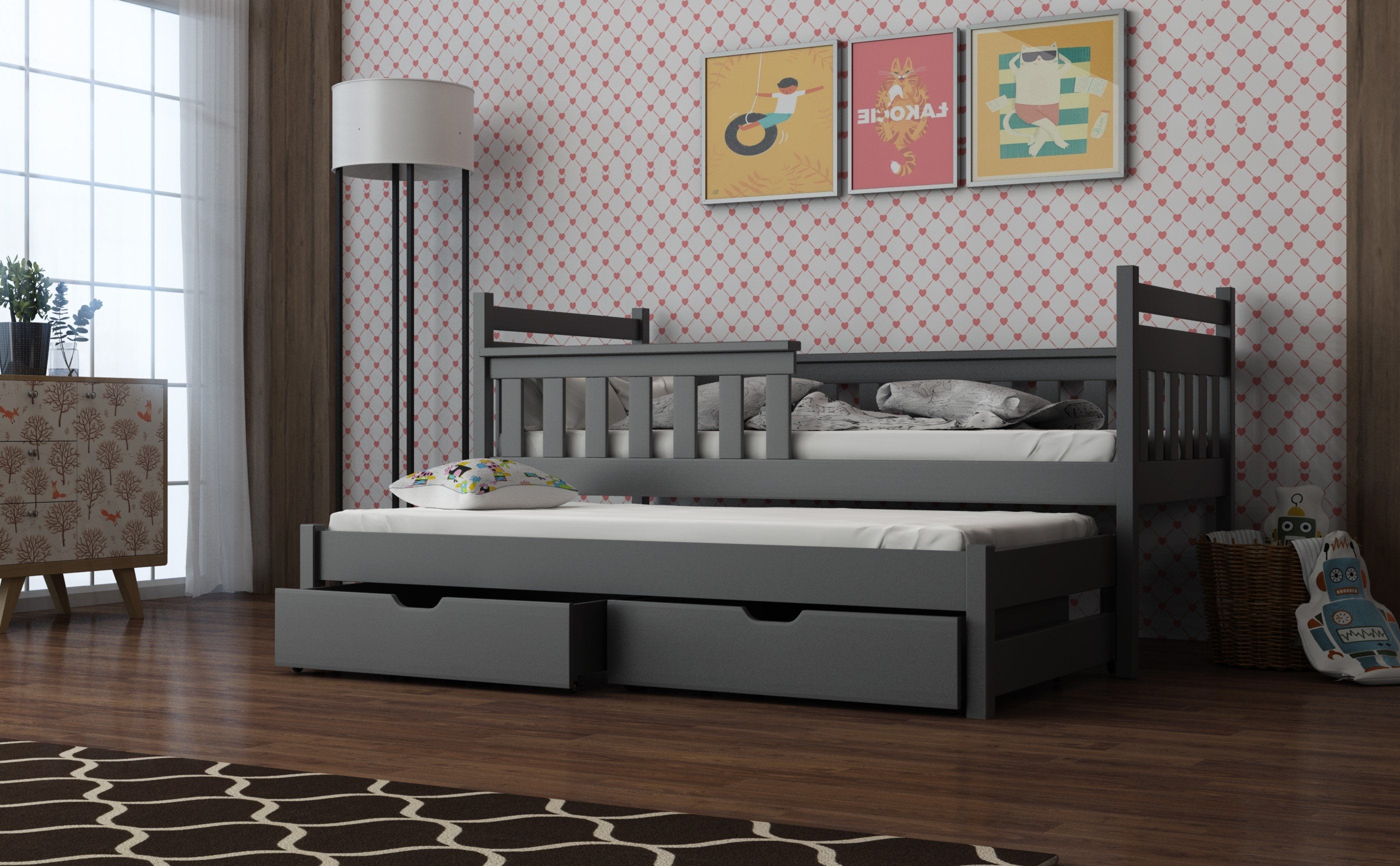 View Wooden Bed Dominik with Trundle and Storage Graphite Foam Mattresses information