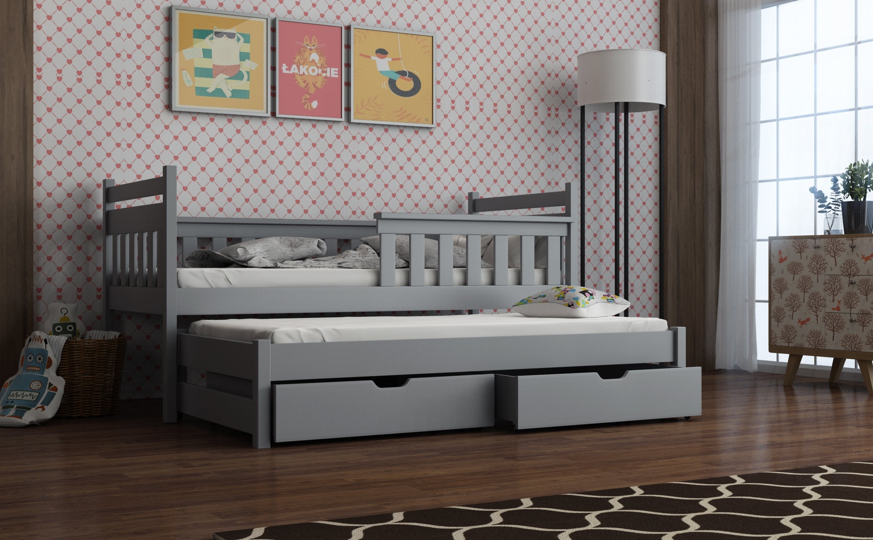 View Wooden Bed Dominik with Trundle and Storage Grey Matt Without Mattresses information