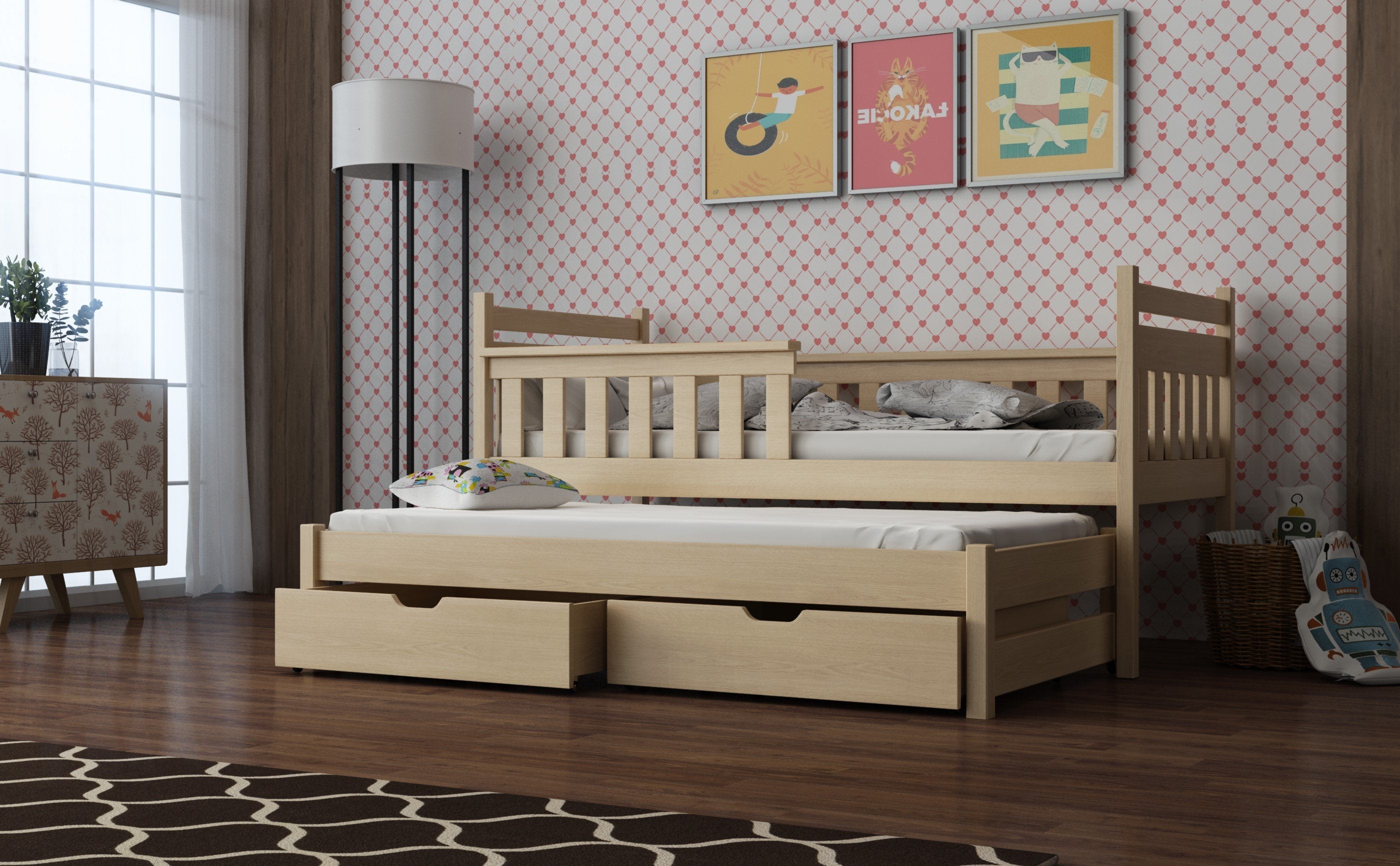 View Wooden Bed Dominik with Trundle and Storage Pine Foam Mattresses information