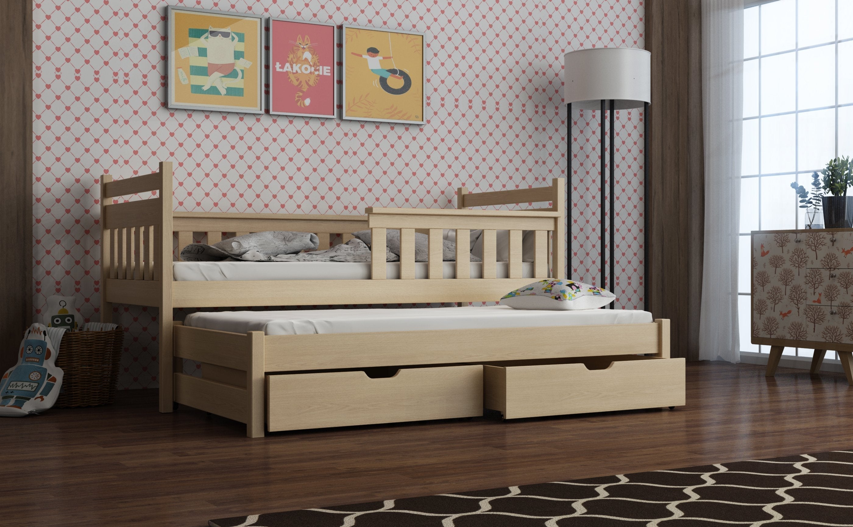 View Wooden Bed Dominik with Trundle and Storage Pine Without Mattresses information