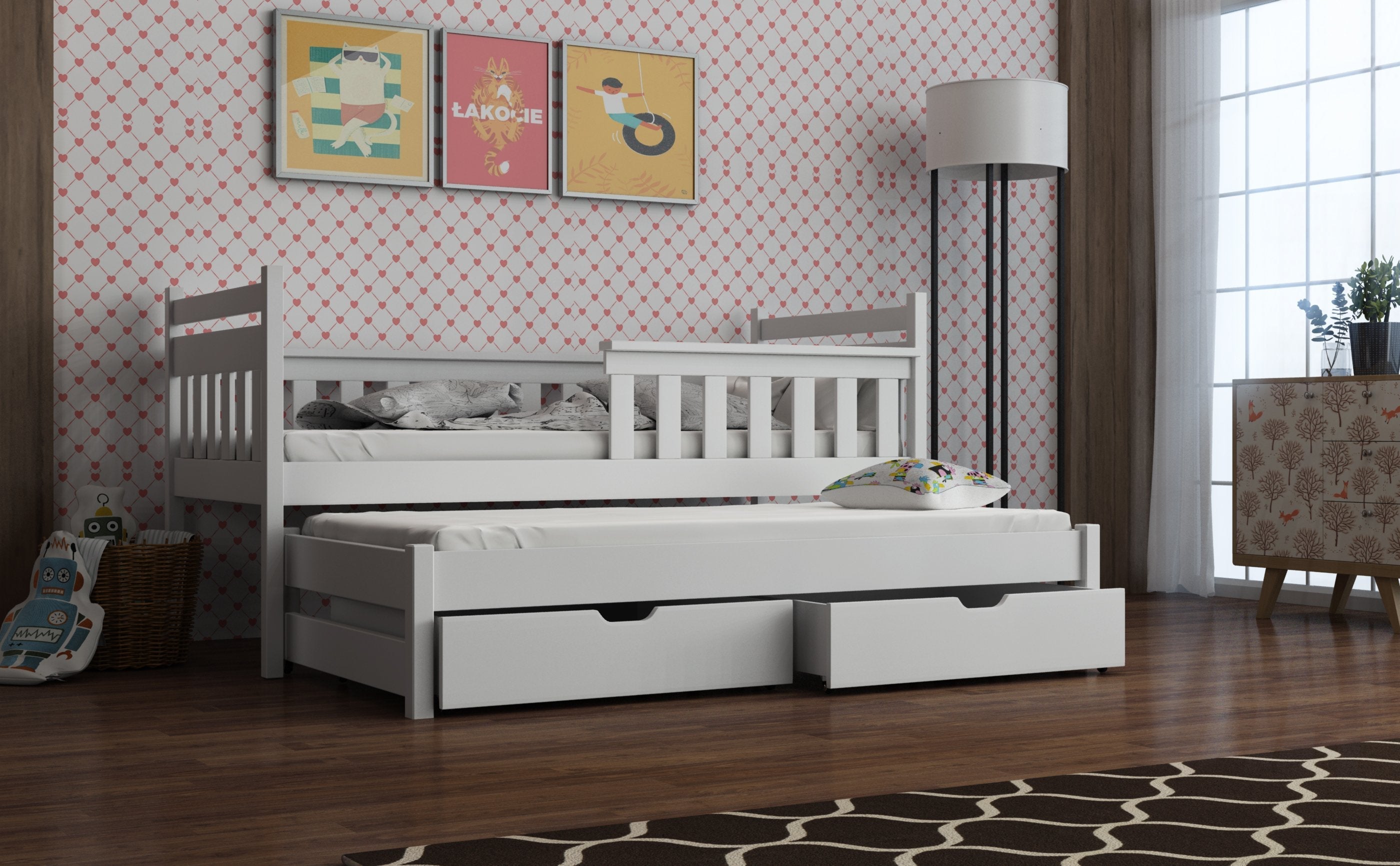 View Wooden Bed Dominik with Trundle and Storage White Matt Without Mattresses information
