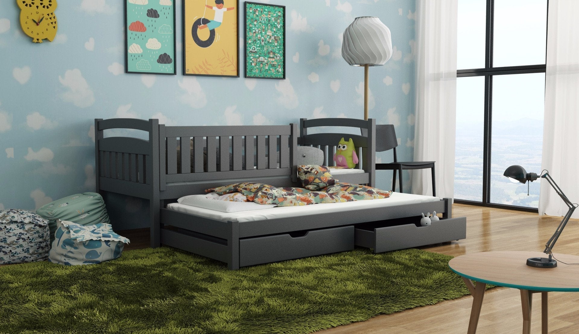 View Wooden Bed Galaxy with Trundle and Storage Graphite Without Mattresses information