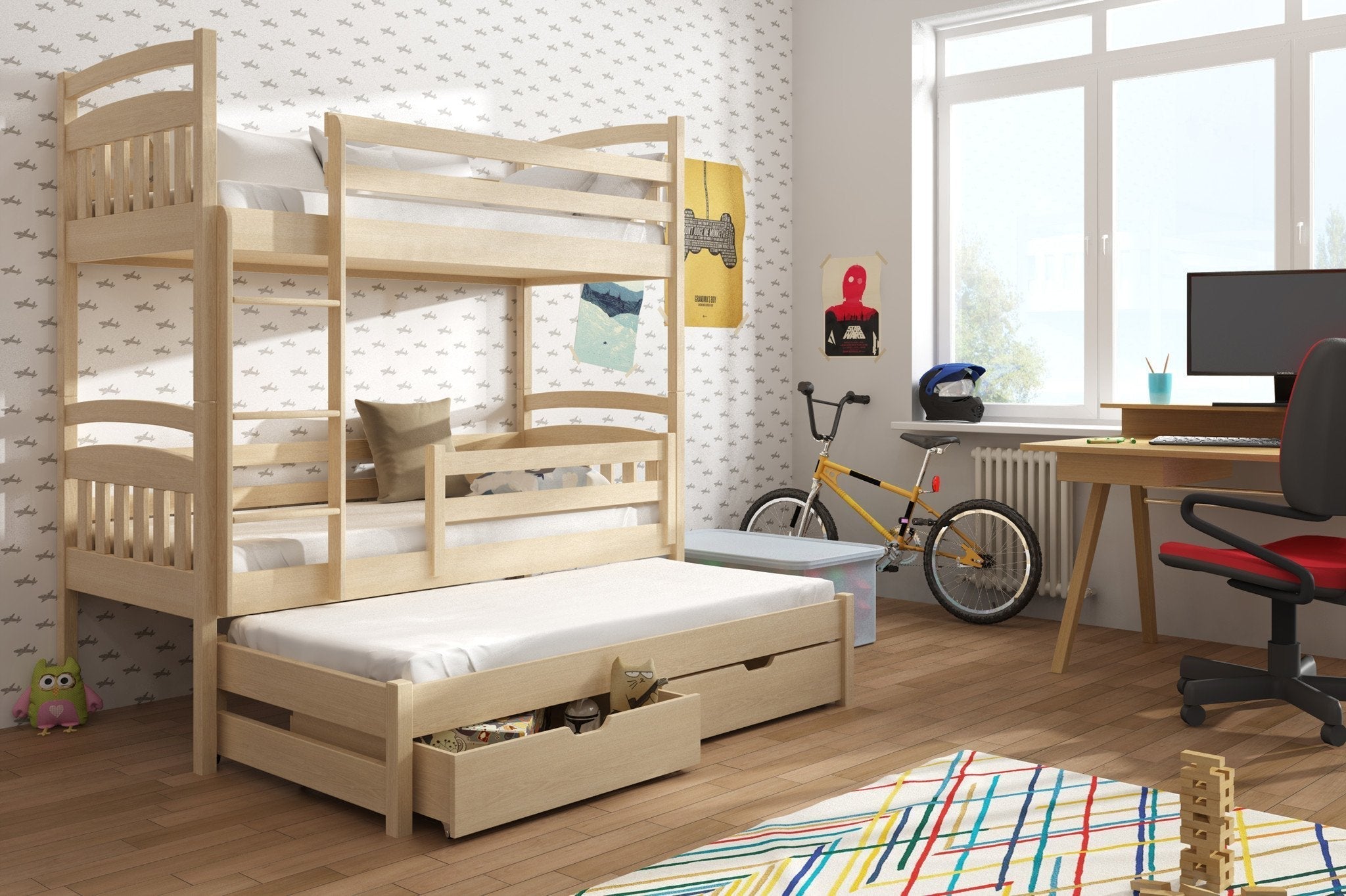 View Wooden Bunk Bed Alan with Trundle and Storage Pine Without Mattresses information