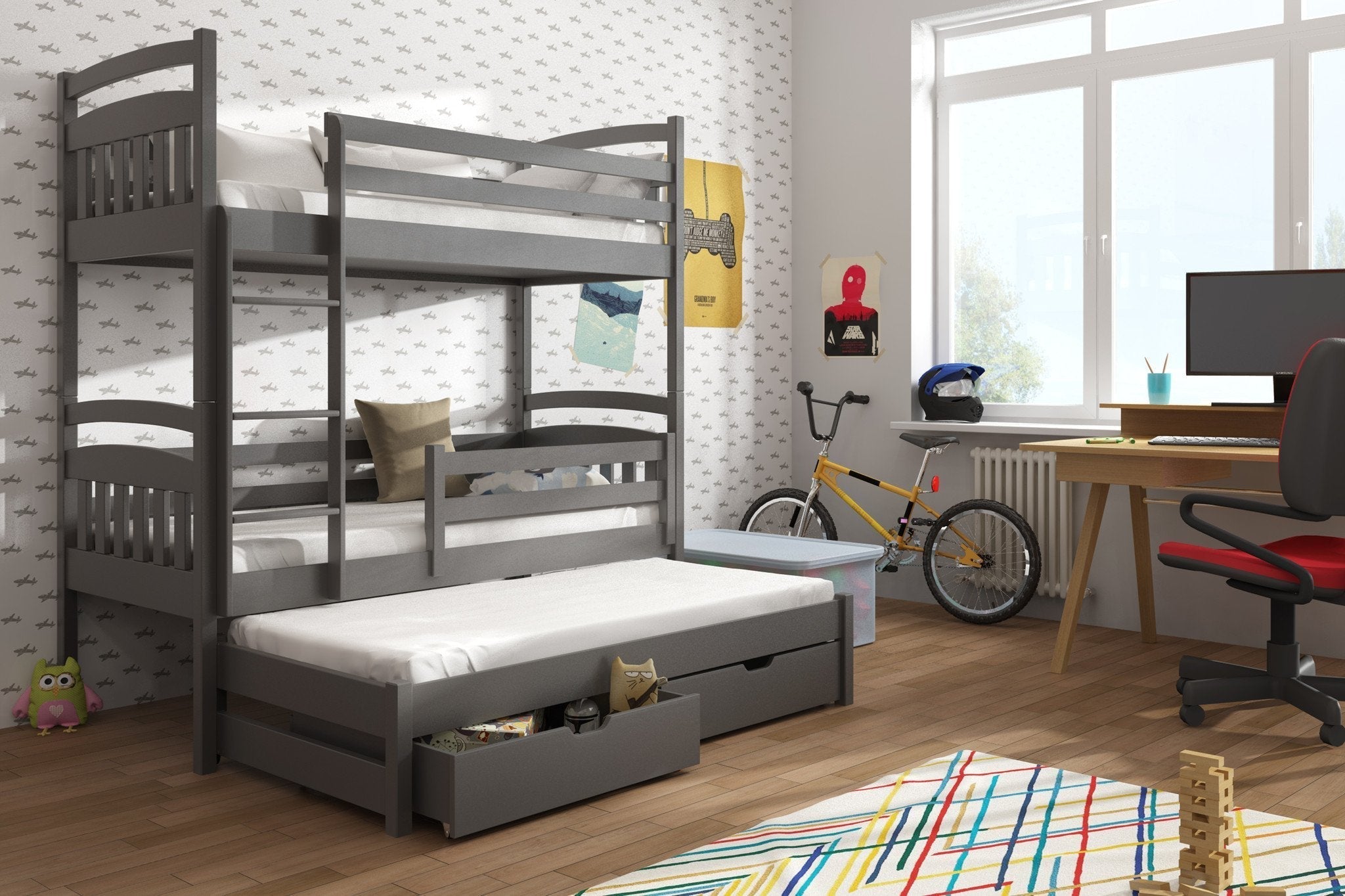 View Wooden Bunk Bed Alan with Trundle and Storage Graphite Without Mattresses information