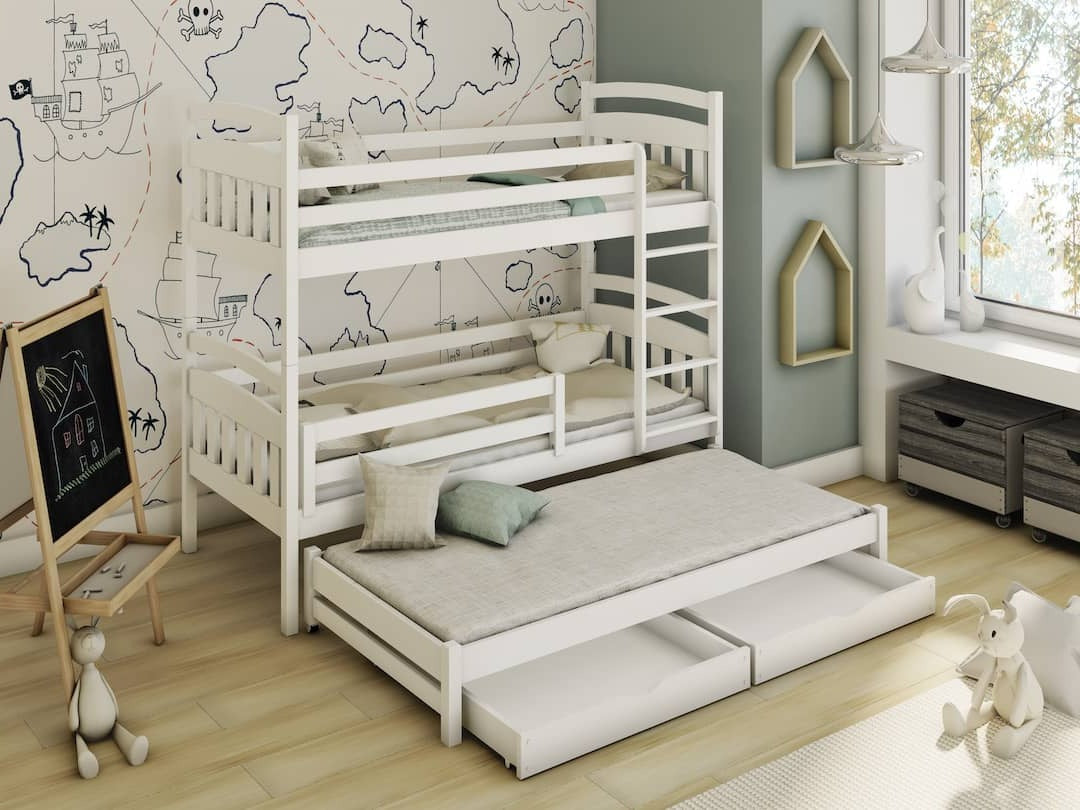 View Wooden Bunk Bed Alan with Trundle and Storage White Matt Without Mattresses information