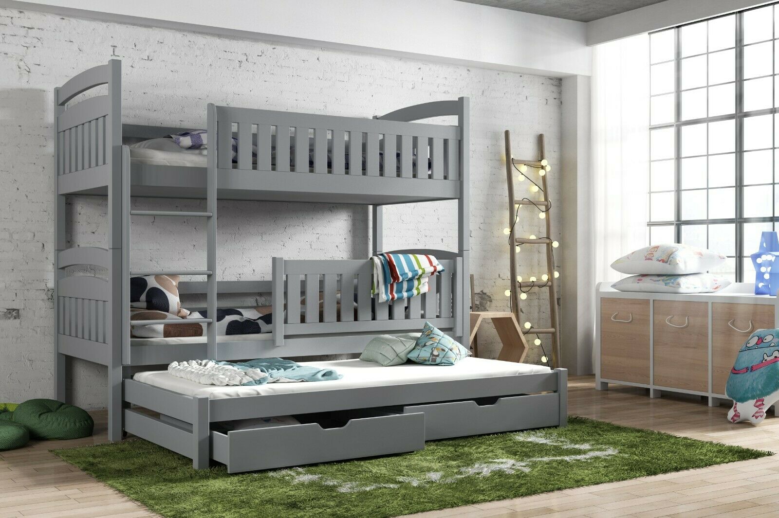 View Wooden Bunk Bed Blanka with Trundle and Storage Grey Without Mattresses information