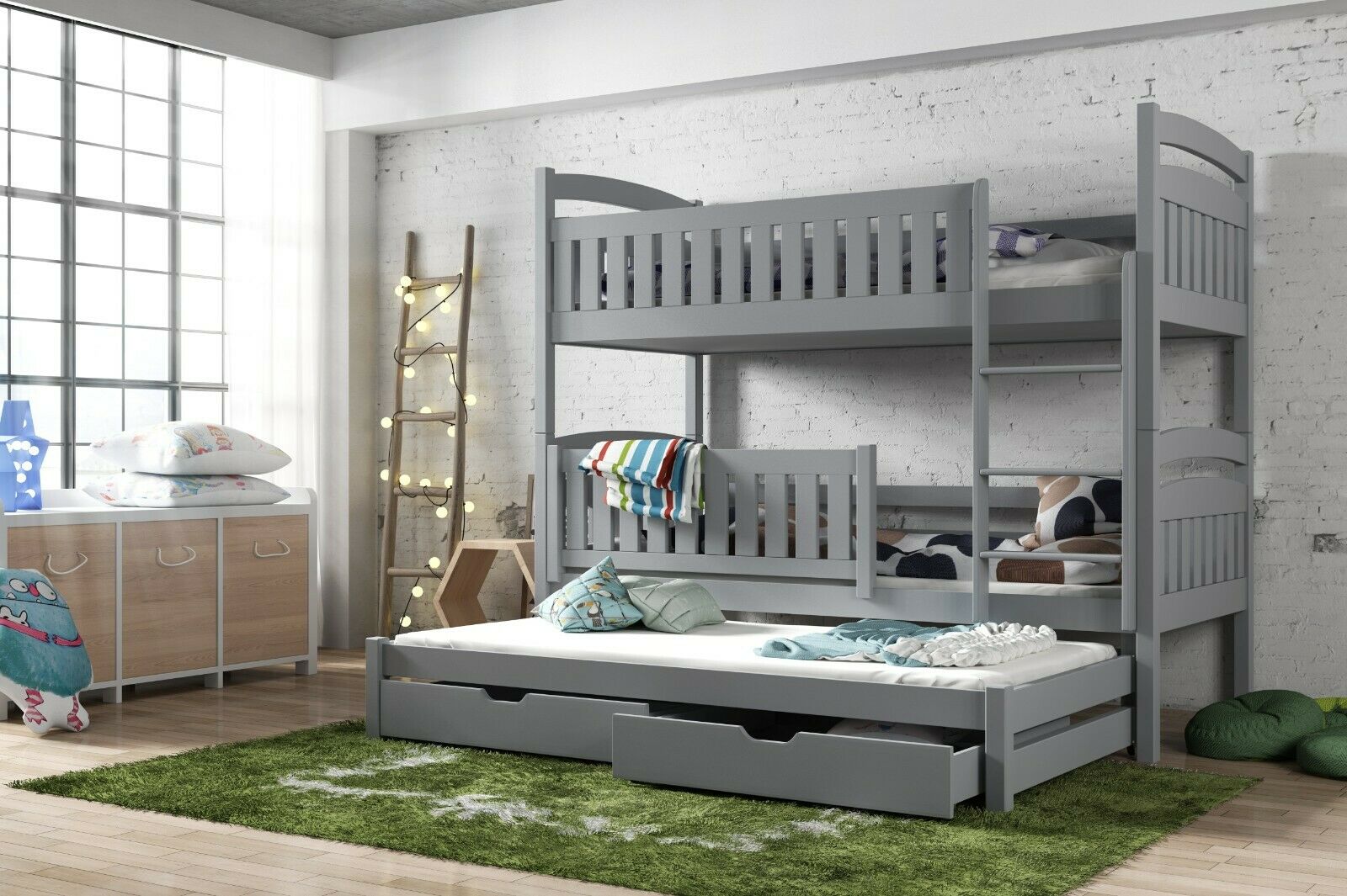View Wooden Bunk Bed Blanka with Trundle and Storage Grey Foam Mattresses information